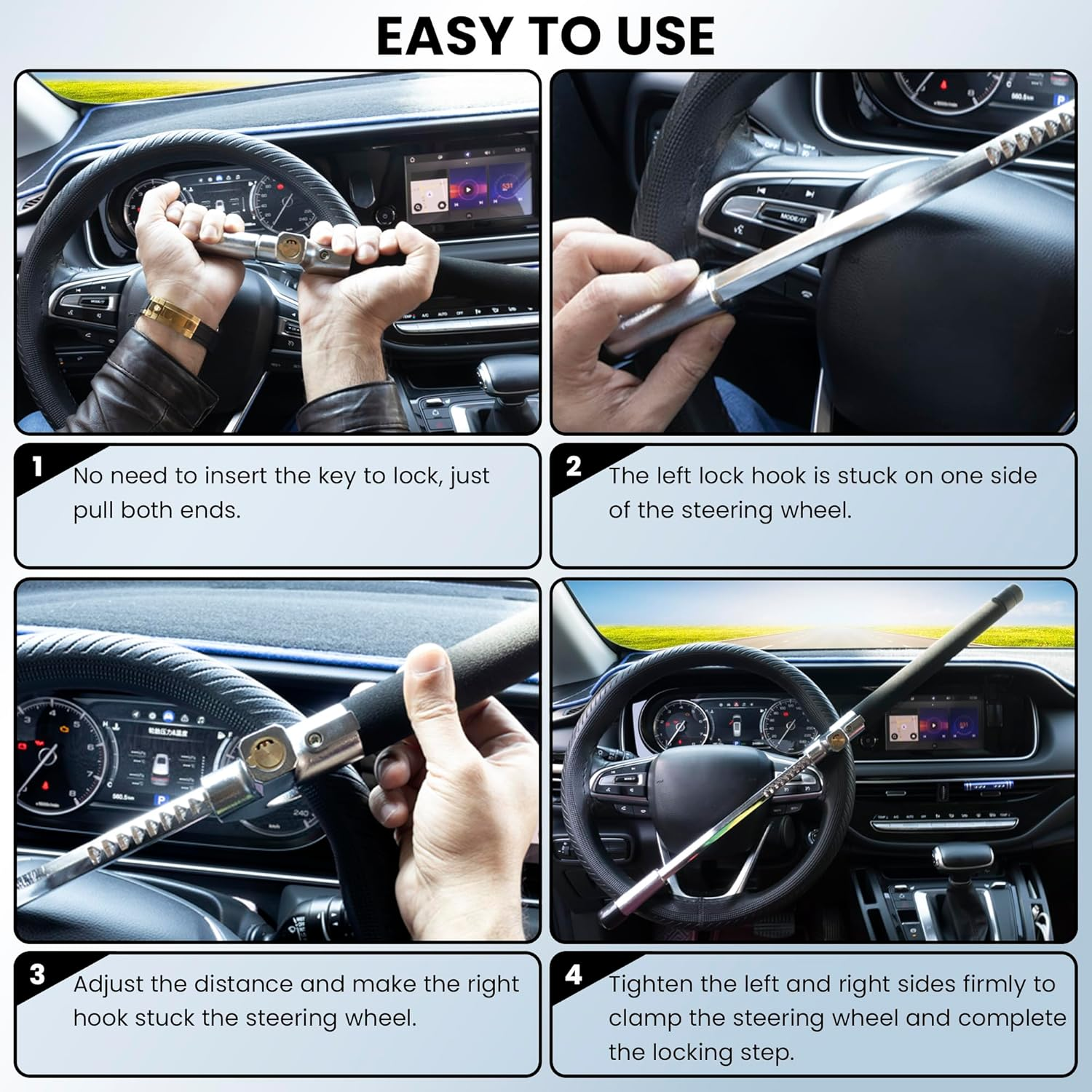 4-In-1 Steering Wheel Lock with Flashlight/Sos LED Ligth,Seat Belt Cutter,Escape Hammer,2 Keys Retractable Steering Lock,Vehicle Anti-Theft Lock，Universal for Auto/Truck/Suv/Van Black image number 2