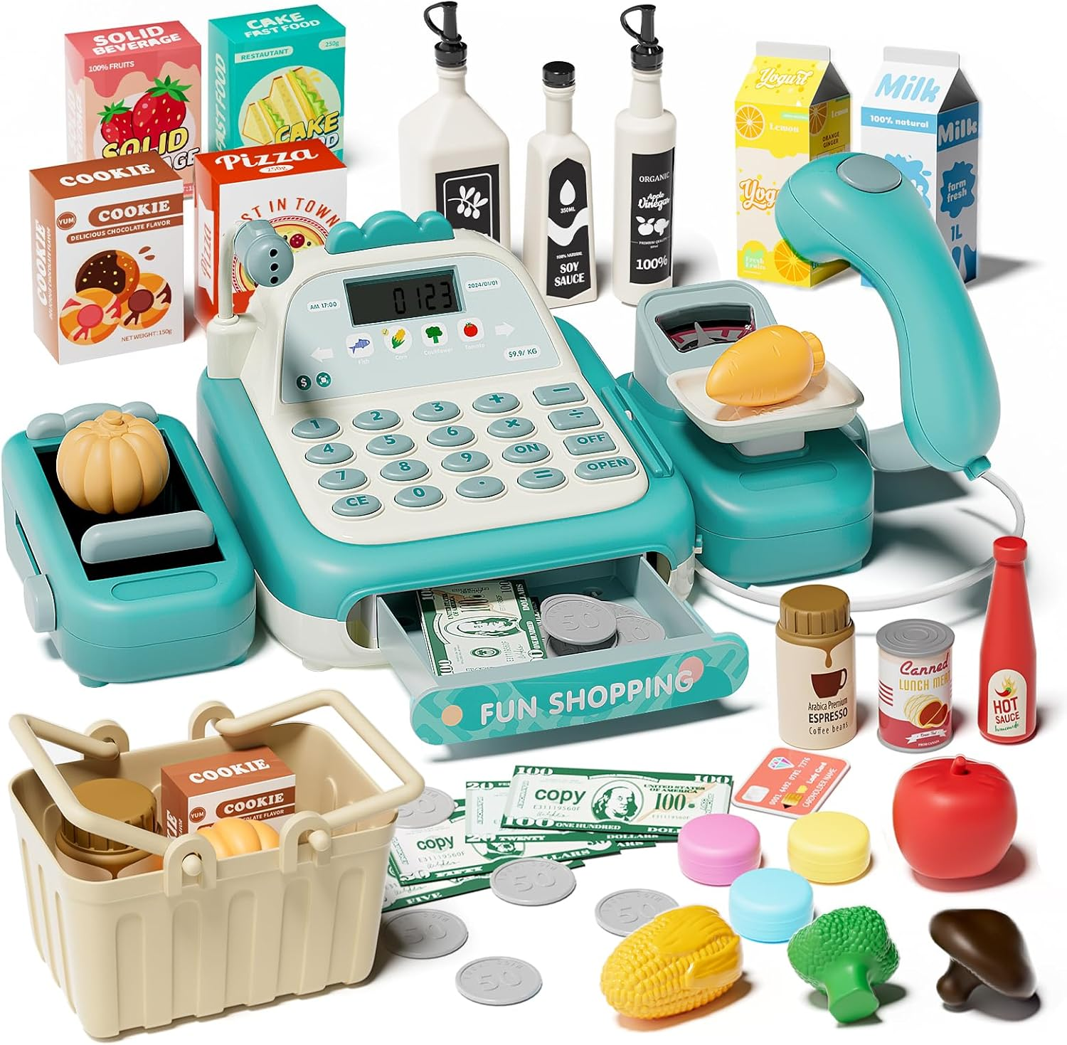 STACTCUTE 49PCS Pretend Play Cash Register Toy Set for Kids with Real Calculator,Scanner,Microphone,Conveyor Belt,Weighing Tool,Cashier Playset Realistic Gift for Toddler Kid Ages 3 4 5 6 7 8 (Green) image number 1