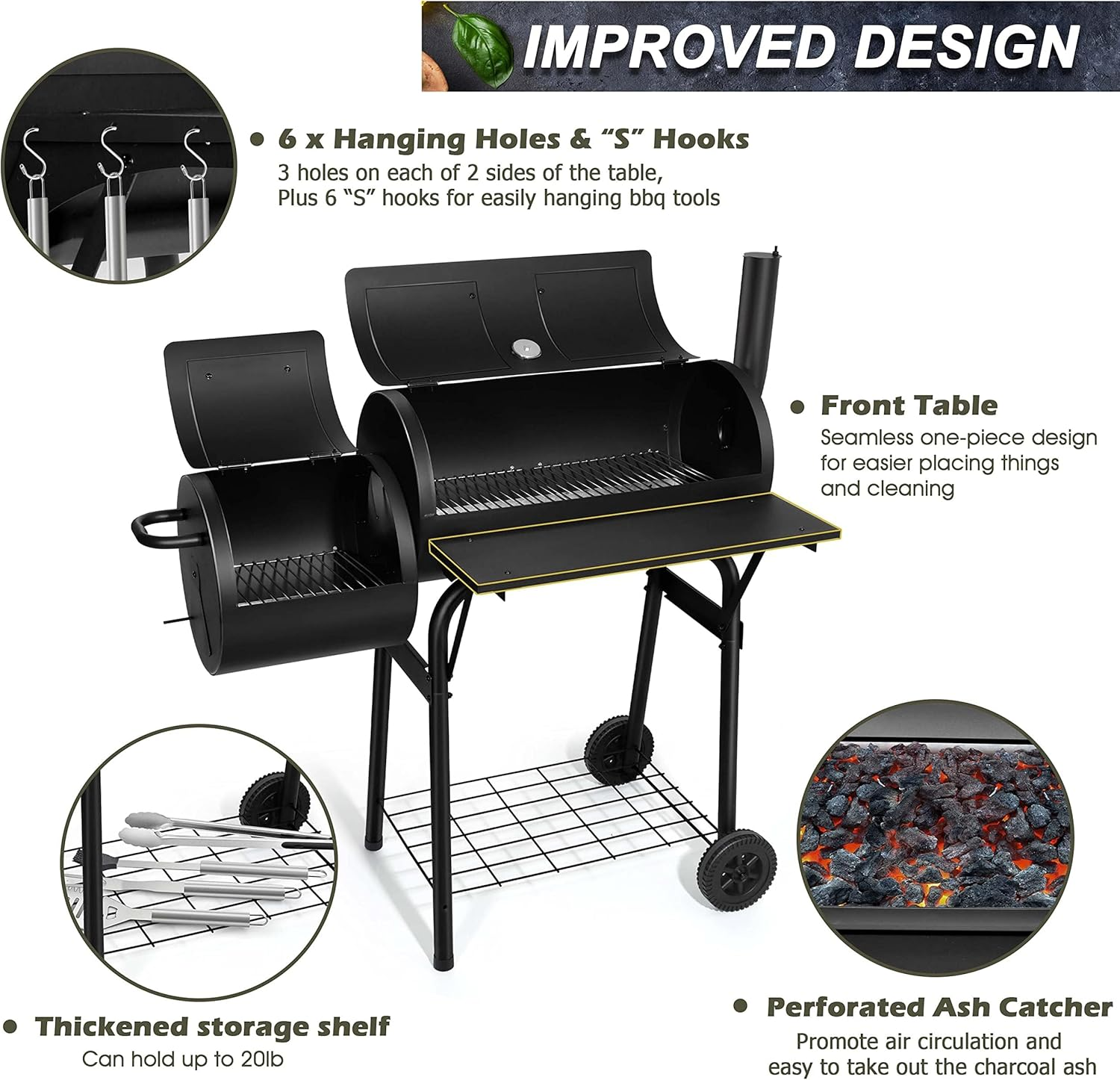 Charcoal Grills Outdoor BBQ Grill, Barrel Charcoal Grill with Side Table, with Nearly 438 Sq.In. Cooking Area, Cooking Space for 6-10 People, Ideal for Camping and Backyard BBQ image number 6
