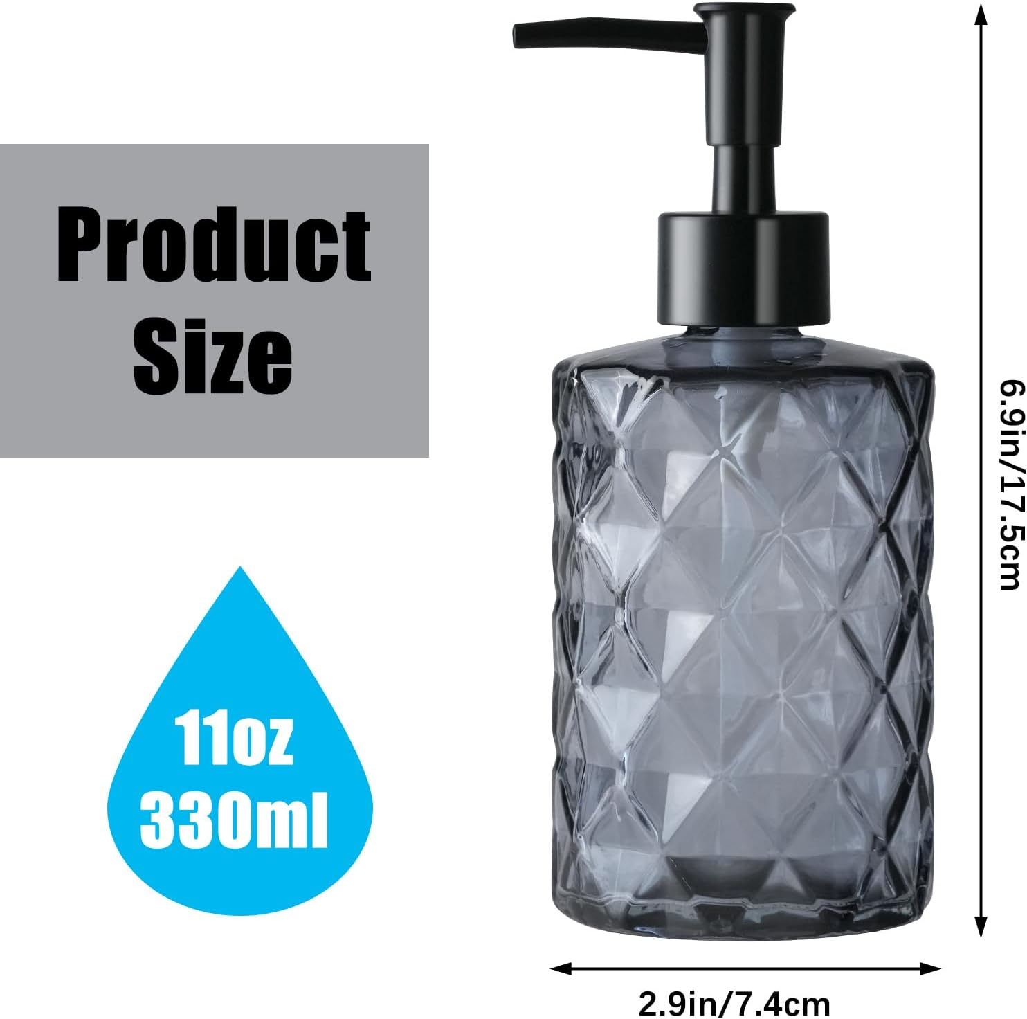 3Pcs 11Oz Glass Soap Dispenser with Plastic Pump, Diamond Design Kitchen Bathroom Soap Dispenser, Refillable Liquid Glass Soap Dispenser for Hand Soap, Soap, Lotion (Black) image number 6