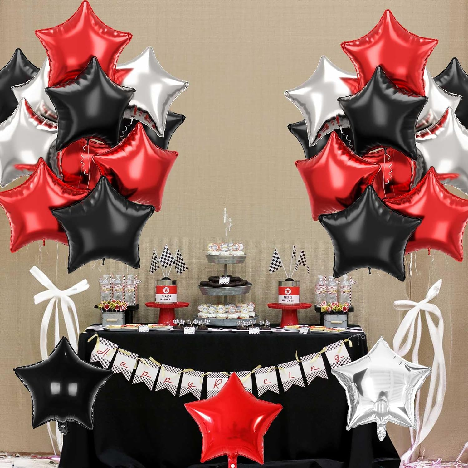 Black Red Star Foil Balloons, 18 Inch Black Silver Pentagram Aluminum Foil Balloons 12 Pcs Large Black Red and Silver Stars Shape Mylar Balloons for Birthday Casino Theme Racing Car Poker Party - Black Red Silver image number 4