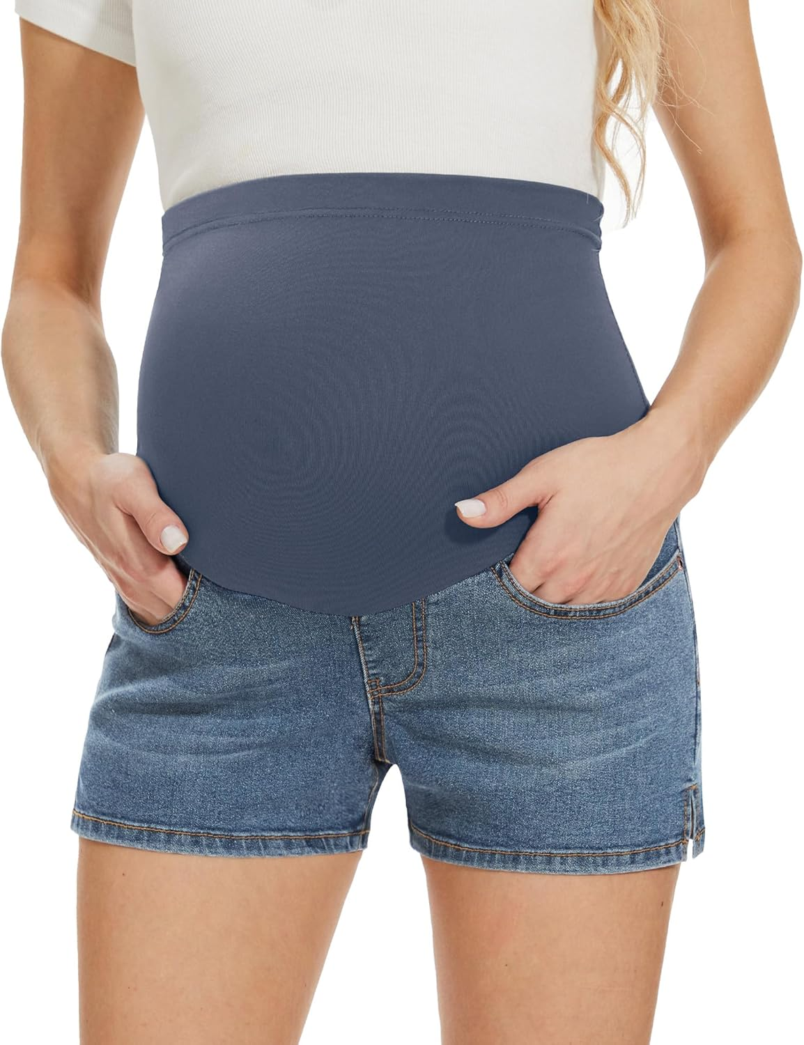 GLAMIX Women'S Maternity Jean Shorts with Real Pockets over Belly 3" Support Pregnancy Denim Shorts for Summer Clothes image number 5