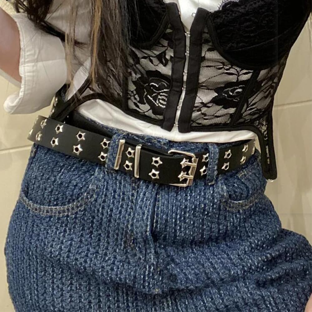 EMMIOL Studded Y2K Women Belts for Jeans, Ladies Leather Belt Trendy Goth Star with Silvery Buckle, Waist Belt Punk for Dress image number 4