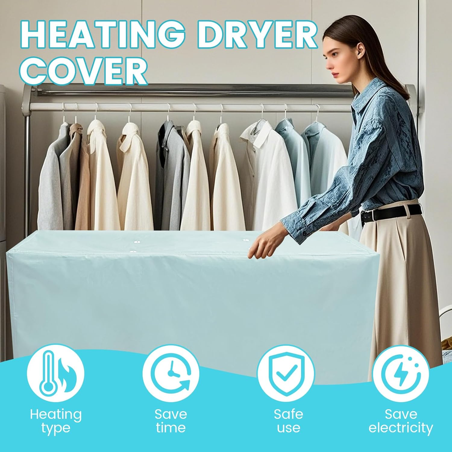 NIPUAEGO Heated Clothes Airer Drying Cover, Electric Heated Folding Clothes Dryer Airer Cover for Saving Drying Time and Energy Consumption 1460X530X740Mm (Grey) image number 5