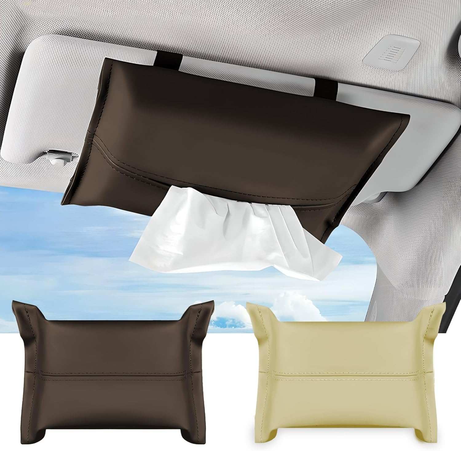 2Pcs Car Tissue Holder, Soft PU Leather Sun Visor Tissue Holder, Napkin Dispenser for Car (Black+White)
