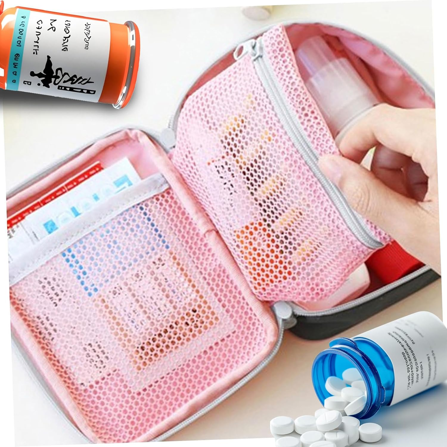 Portable Mini First Aid Kit &ndash; Waterproof Pink Medicine Travel Bag with Compartments &ndash; Medical Organizer Pouch for Kids, Adults, Home, Office, Camping image number 1