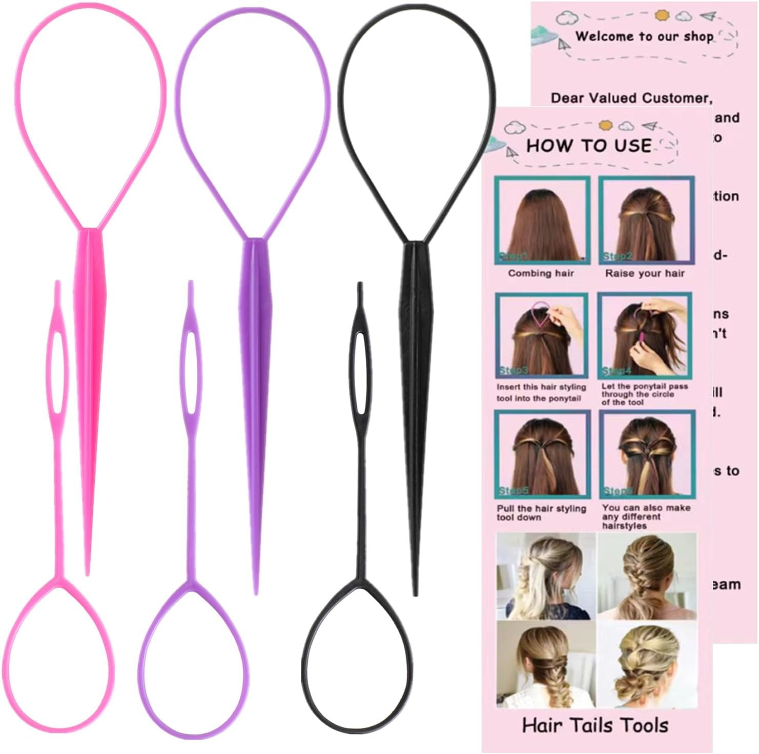 Hair Styling Tool Set, 9 Pieces - 2 Combs, 1 Pick, 4 Tail Combs, Purple and Pink image number 2