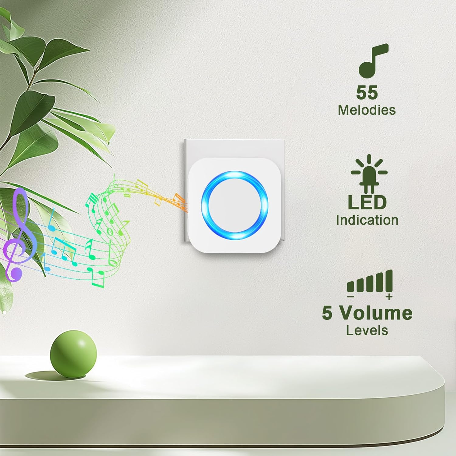 SURFOU Wireless Doorbell, Waterproof Door Bell Cordless Battery Operated at 1300Ft Long Range, Plug in Electric Doorbell Wireless Chime Kit with 55 Melodies 5 Volume and LED Flash, White image number 2