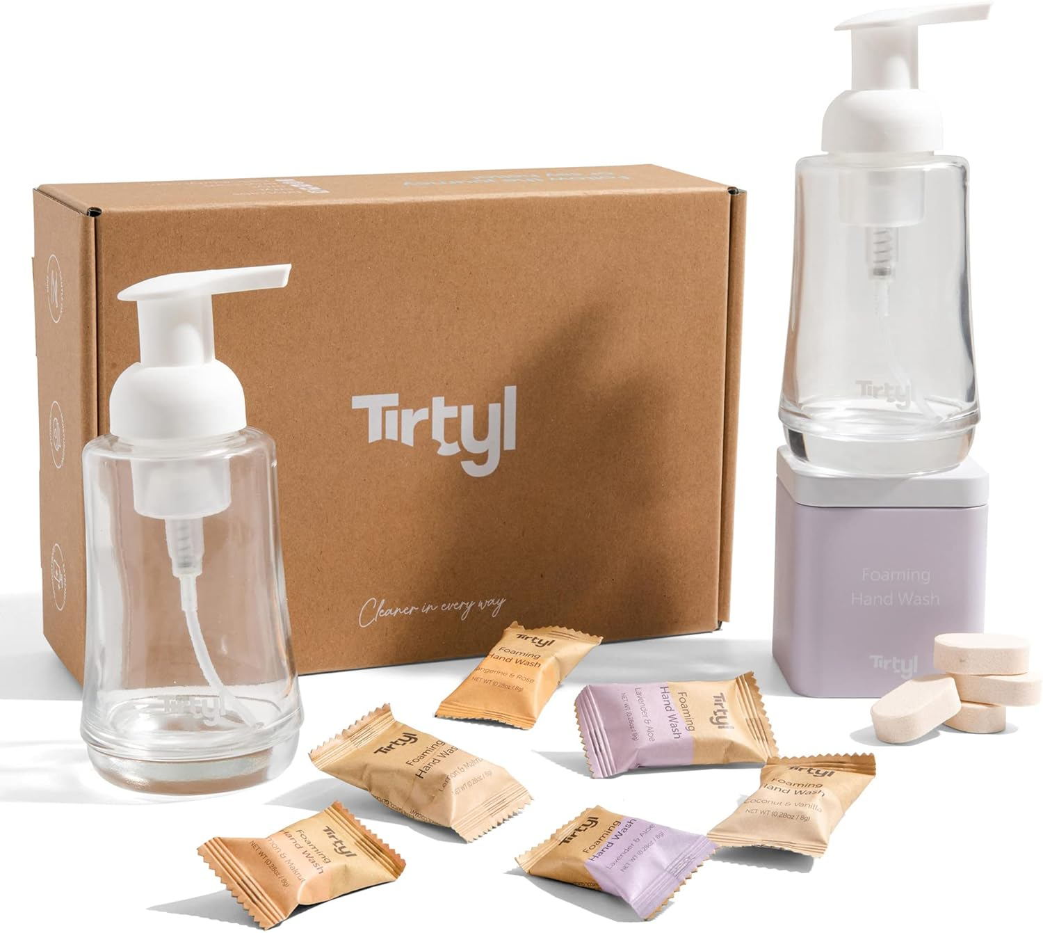 Tirtyl Hand Soap Duo Kit - 2 Glass Foaming Dispensers + Storage Tin + 6 Tablet Refills - Compostable Packaging - Variety Fragrances - 1.5L Total (Makes 6X 250Ml Bottles of Soap) image number 1