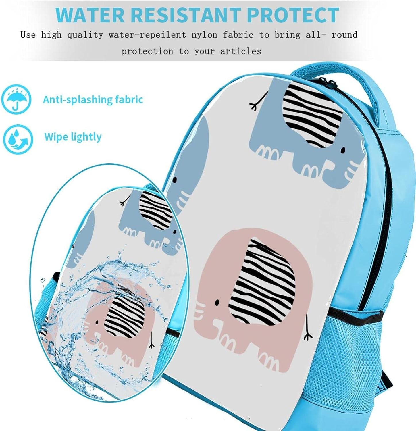 Blue Backpack Boy Bookbags Rucksack Men Travel Handbag Daypack Pink Blue Elephants Pattern Cartoon image number 4