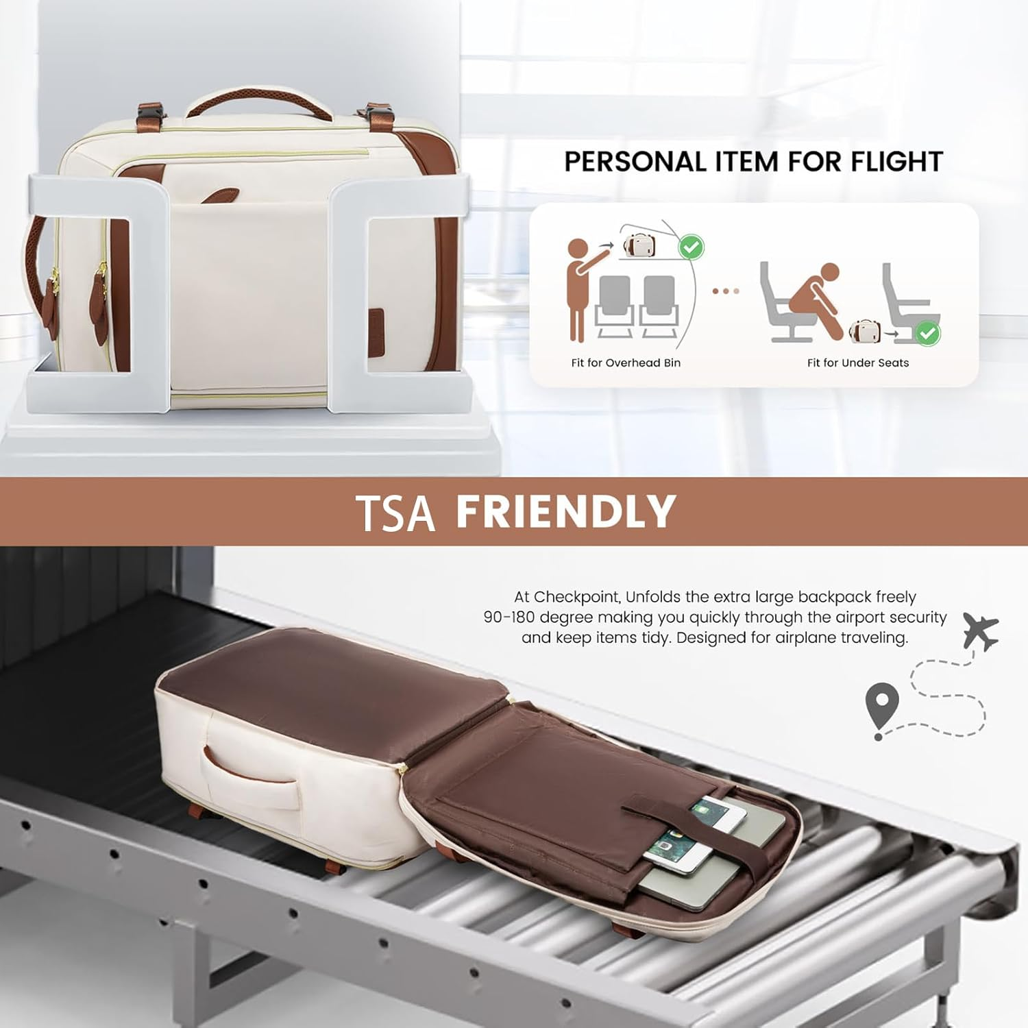 LOVEVOOK Travel Backpack for Women, 40L Carry on Backpack with 3 Packing Cubes,Tsa Personal Item Travel Bag Airline Approved, Water Resistant Weekender Overnight Luggage Daypack, Fits 17 Inch Laptop - Black-Beige-Brown image number 6