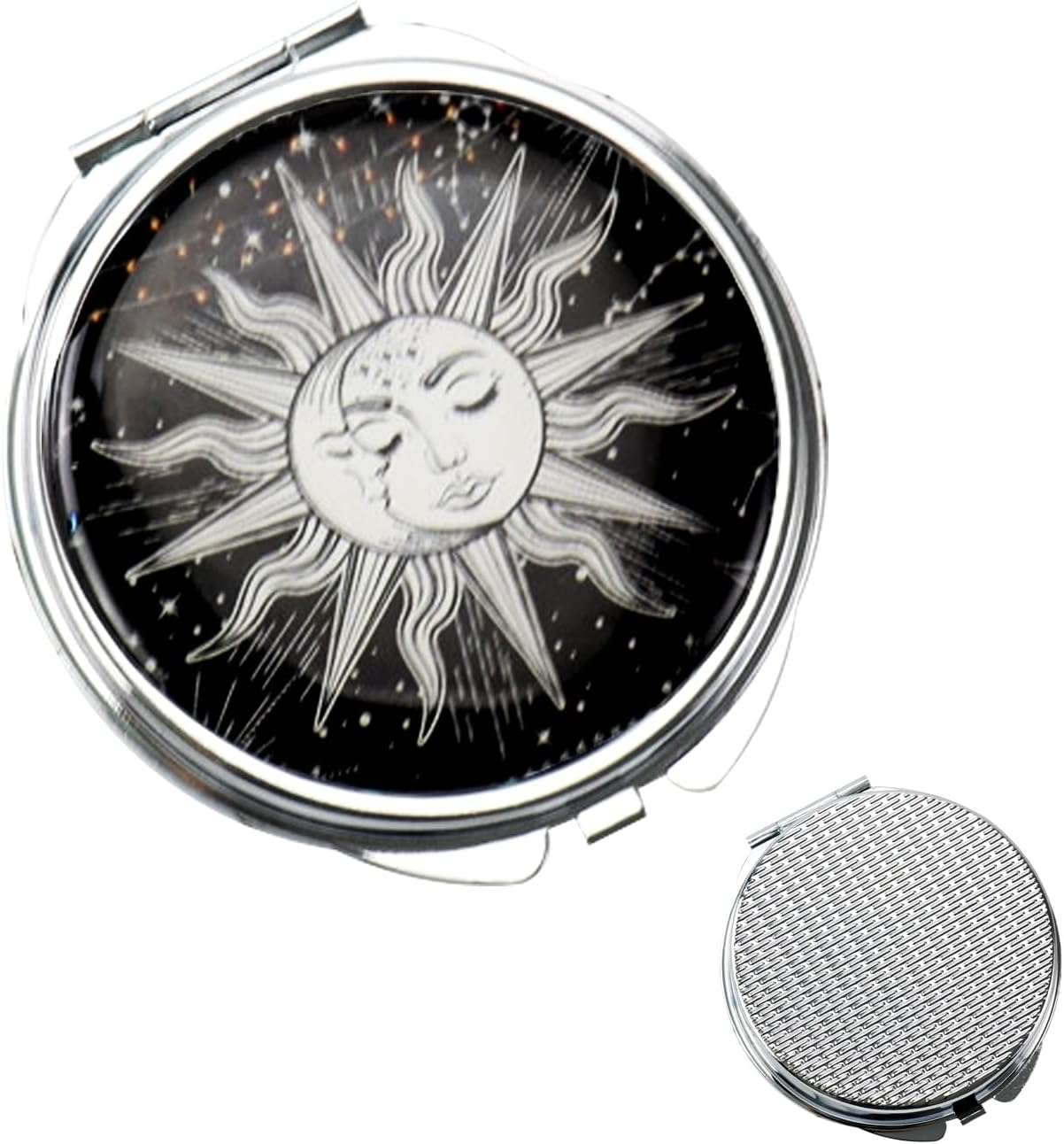 Pill Box Organiser Round, Metal Pill Holder 3 Compartment, Small Portable Pill Case for Travel Pocket Purse, Daily Pill Container with Mirror, Gift Choice (Sun&Moon)