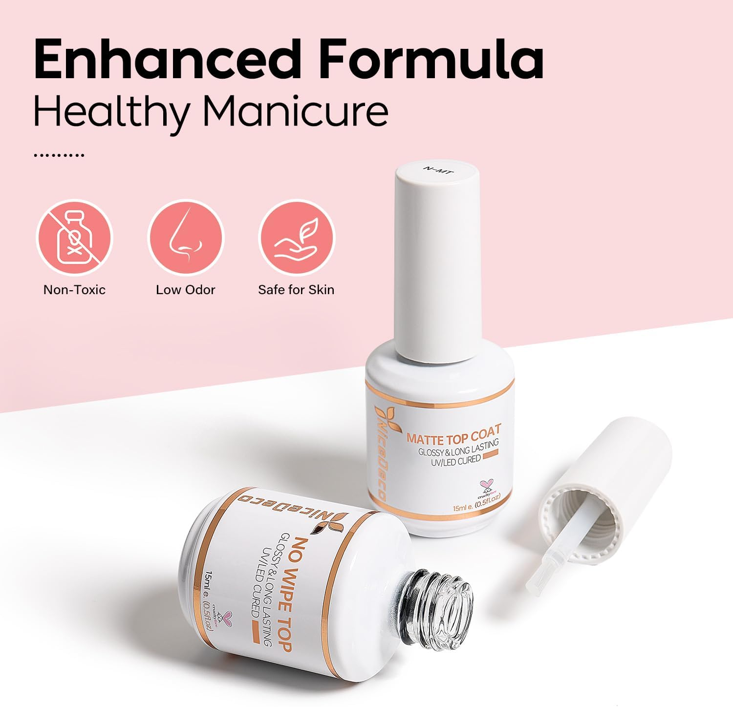 Nicedeco 2Pcs 15Ml No Wipe Top Coat Glossy & Matte Set &ndash;Hema-Free,Cruetly-Free,Vegan， Shine and Velvet Finish for Gel Polish, LED UV Curable, Soak Off, Nail Art DIY image number 2