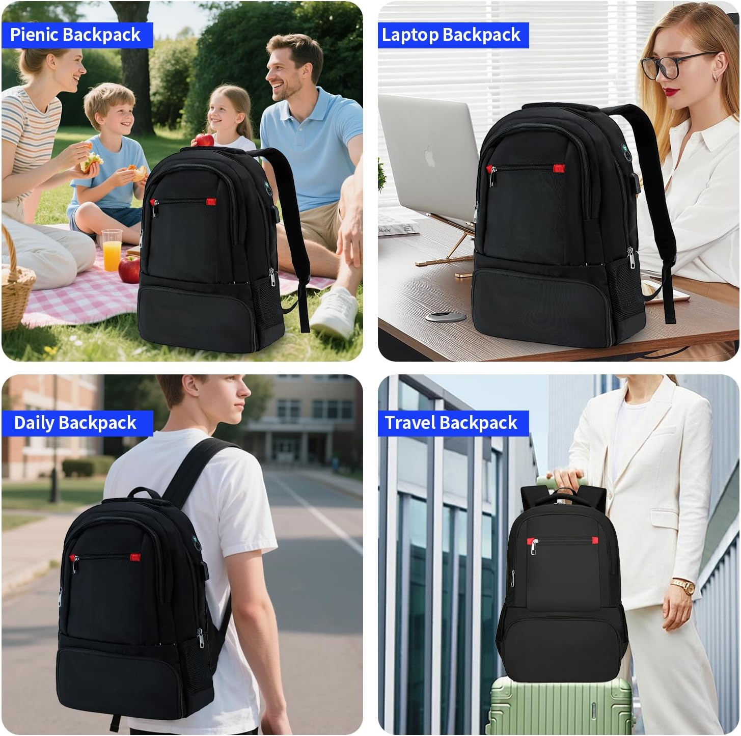 Laptop Backpack for Women Men,35L Waterproof Work Backpack with USB Charging Port Headphone Jack, Portable Computer Back Pack with Insulated Lunch Compartment for Hiking Travel Outdoor 49 * 33 * 22Cm image number 2
