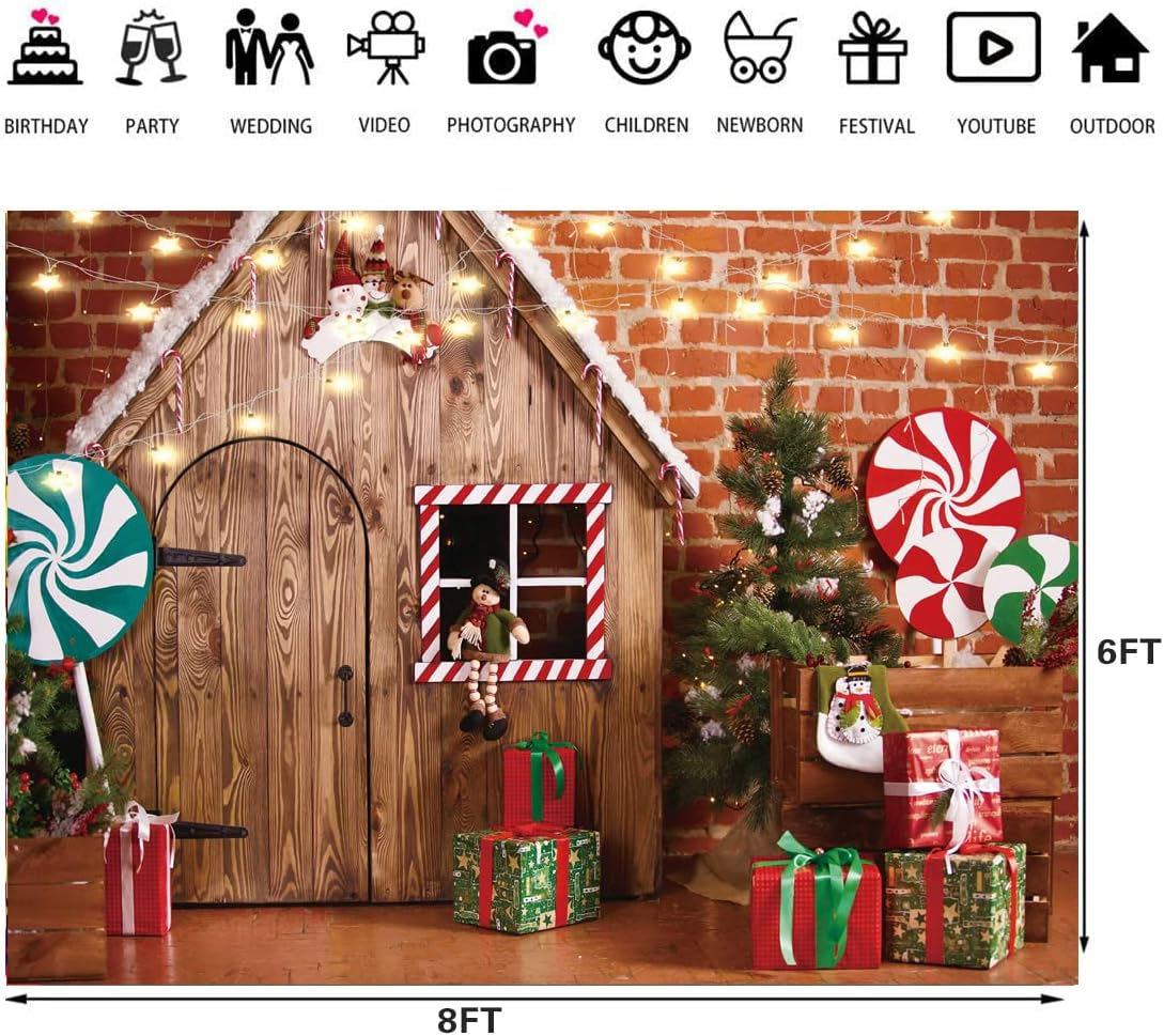 LTLYH 8X6Ft Christmas Fabric Photography Backdrop Gingerbread House Candy Tree and Gifts for Kids Portrait Photo Studio Booth Photographer Props 119 image number 1
