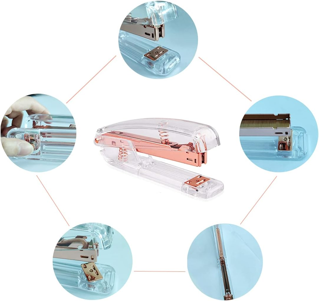 Acrylic Desktop Stapler with 1000 26/6 Staples, 6 Binder Clips & 50 Paper Clips, Desk Accessory Kit for Home Office School (Rose Gold) - Black image number 7