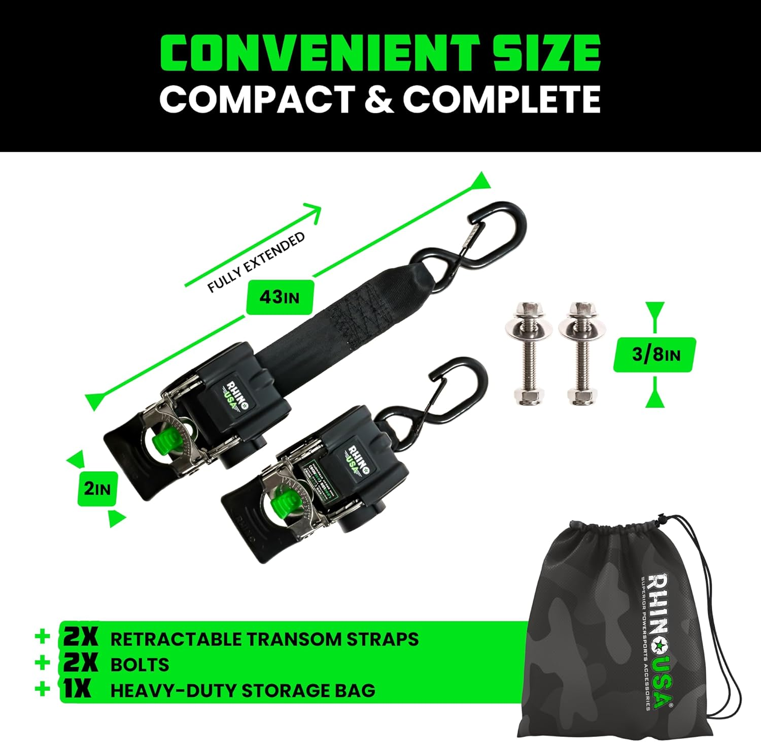 Rhino USA Retractable Boat Trailer Tie down Straps 2PK &ndash; Durable (2In X 43In) Trailer Mount Transom Straps for Boat, Jet Ski &ndash; Stainless Steel &ndash; Salt Water Compatible image number 3