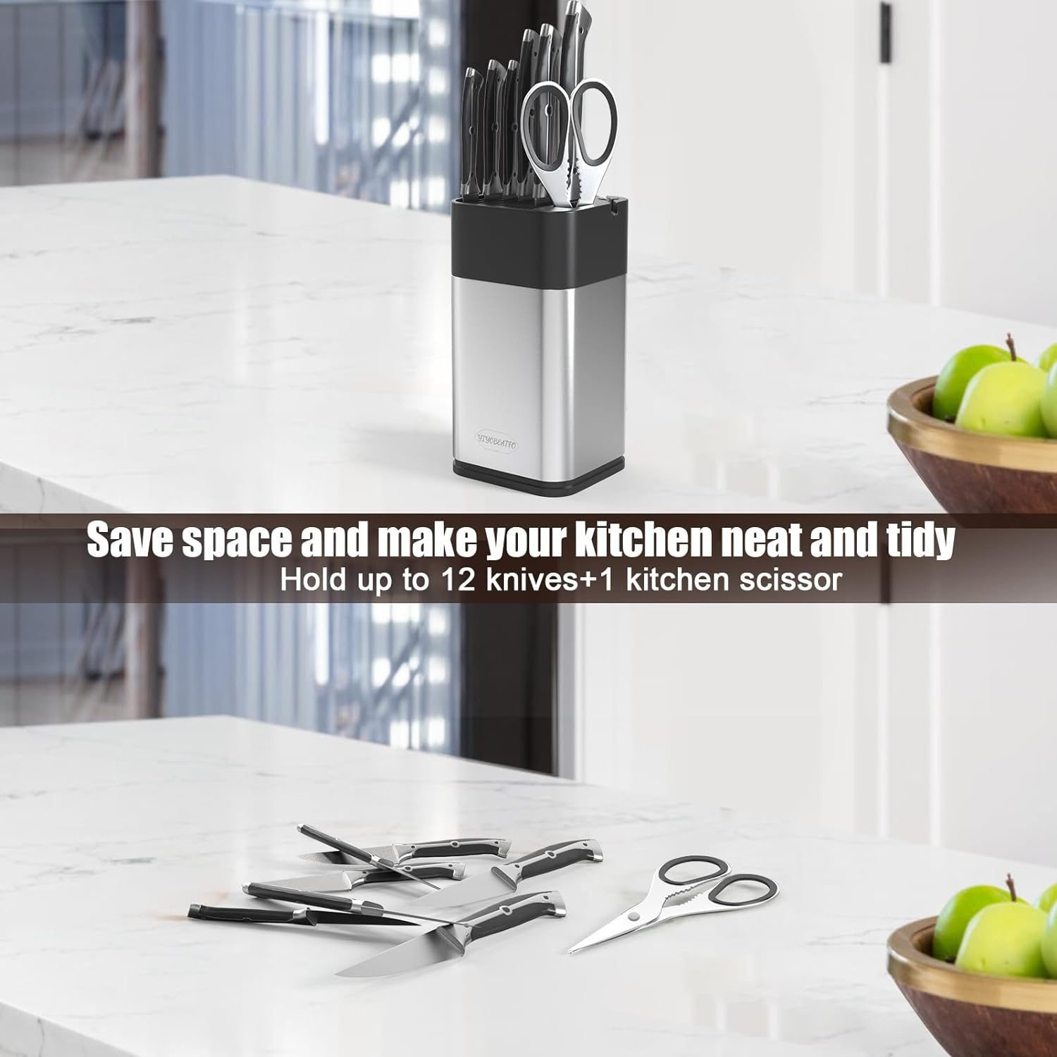 Knife Block Holder,Universal Knife Block without Knives, Space Saving Knife Storage and Protect Blades, Unique Modern Design with Knife Sharpener and Scissor Slot.