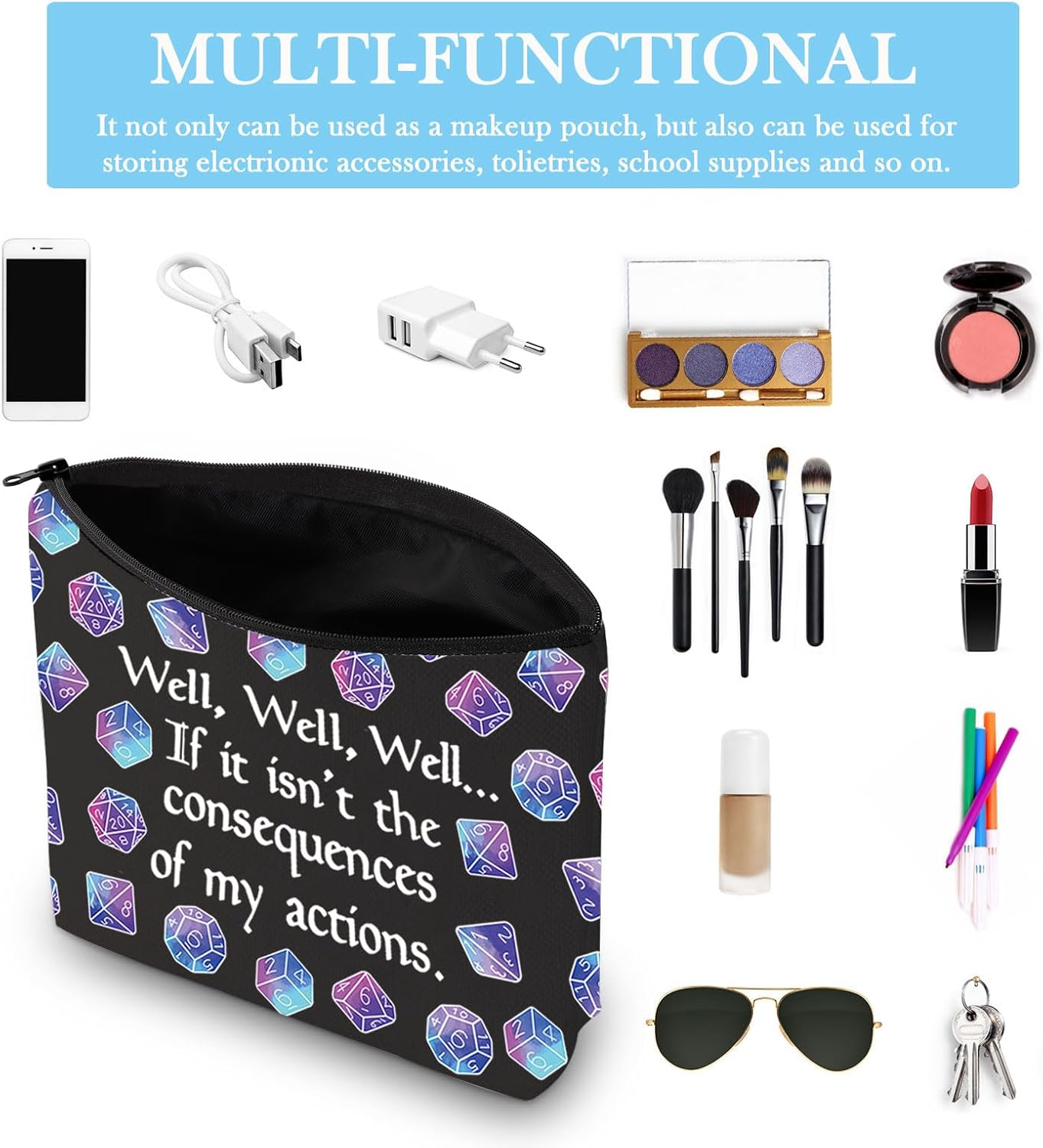 D D Gift Role Playing Games Gift D20 Dice Pouch D D Accessory Pouch Bag DM Games Makeup Bag for RPG Gamer - My Actions Tote image number 2