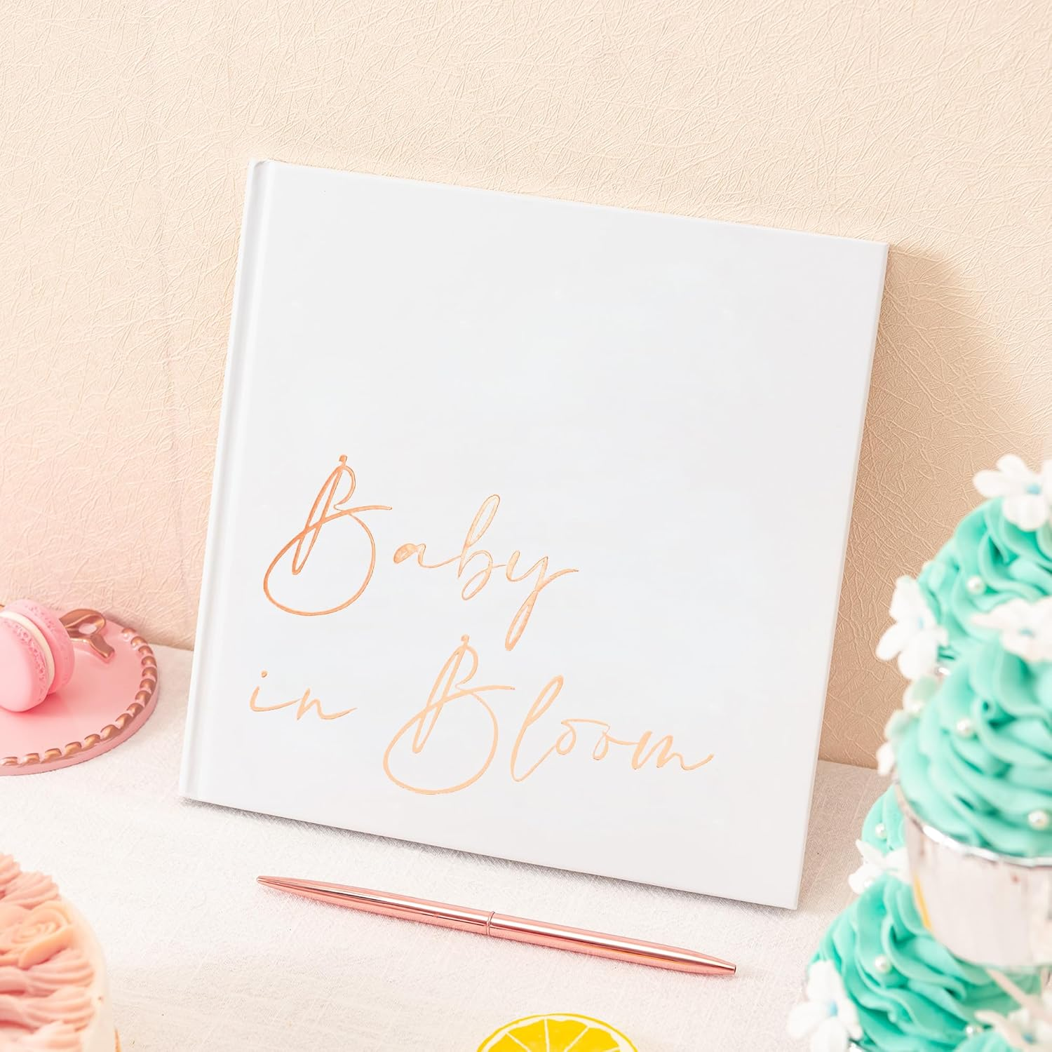 Calculs Baby in Bloom Picture Book Polaroid Baby Shower Guest Book Babies Scrapbook, White Cover, Rose Gold Foil Stamping, Blank White Pages image number 3