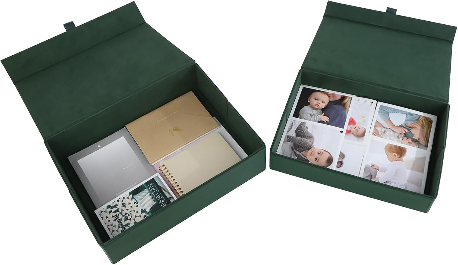 Hofferruffer Photo Storage Boxes with Dust-Proof Lid, Set of 2 Faux Leather Lidded Storage Bins, Photo, Jewelry, Scrapbooking Supplies, Keepsake Organizer for Elegant Home & Office Decor (Green)