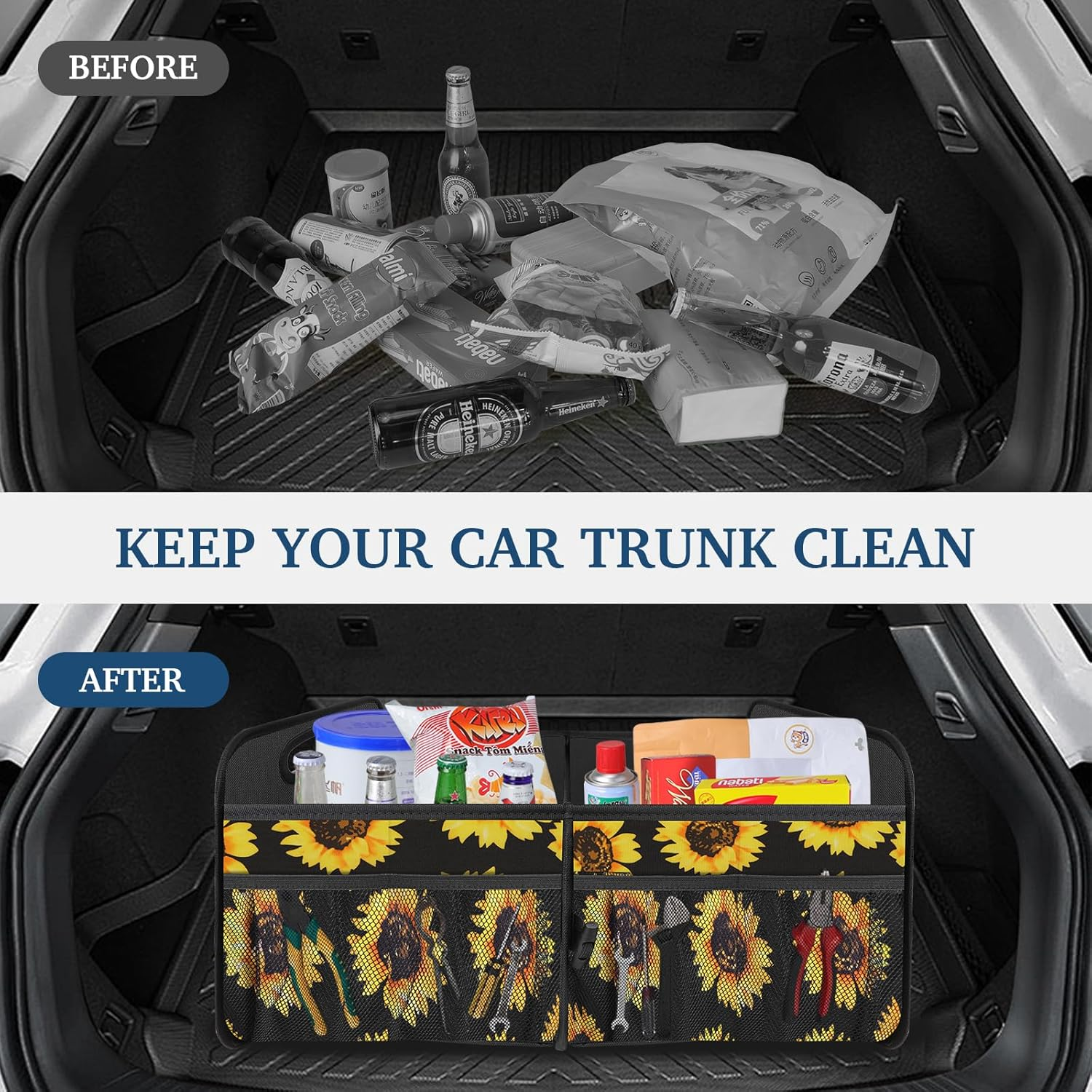 Femuar Car Trunk Organizer, Car Storage Organizer with Large Capacity Waterproof Collapsible Trunk Organizer for Car Suv/Jeep/Sedan (Sunflower, Standard)