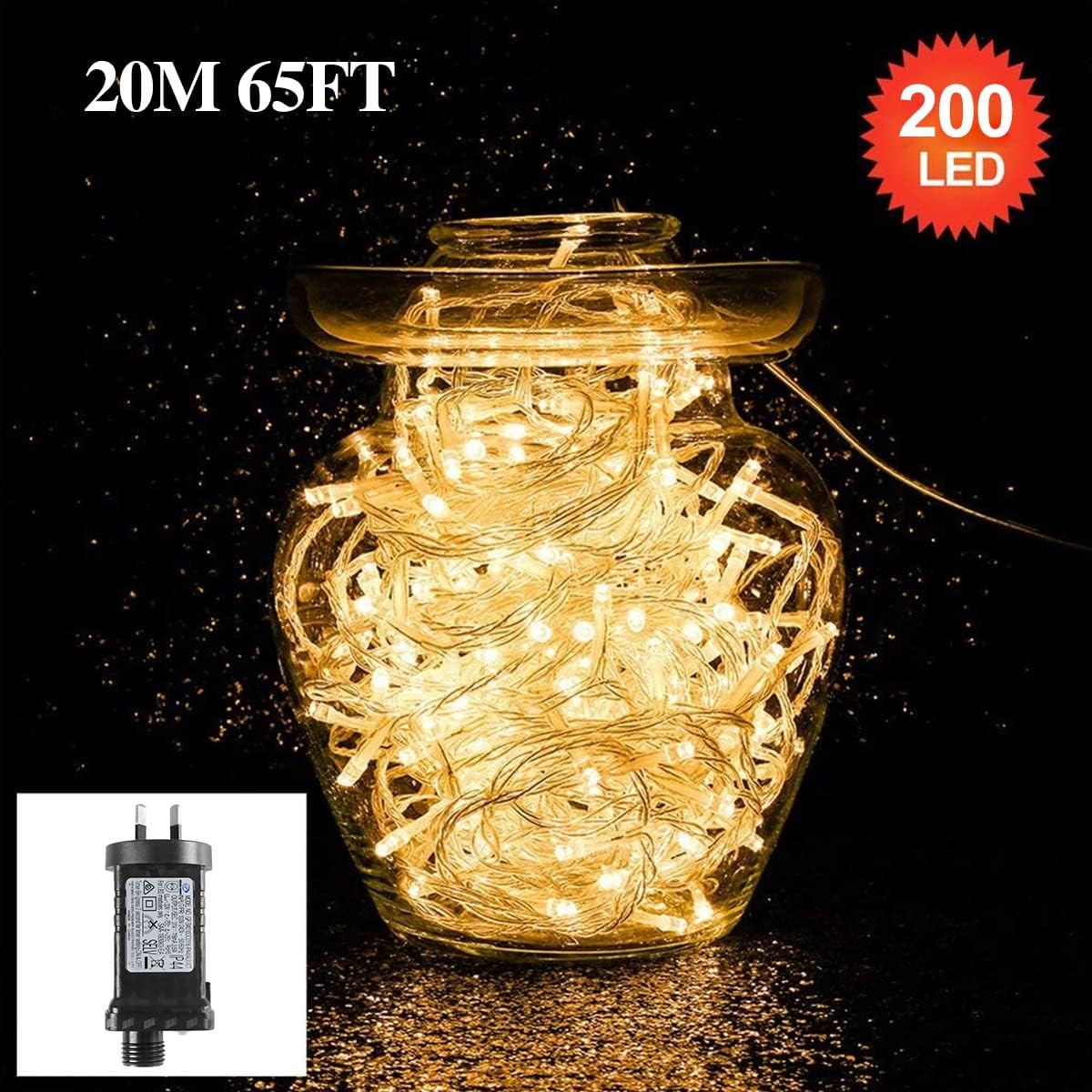 T Tersely 20M/200LED AU Plug String Fairy Lights, SAA Approved 31V Low Voltage 8 Lighting Modes, Timer Function, Indoor Outdoor Warm White Lamp for Christmas Tree Party Wedding Garden