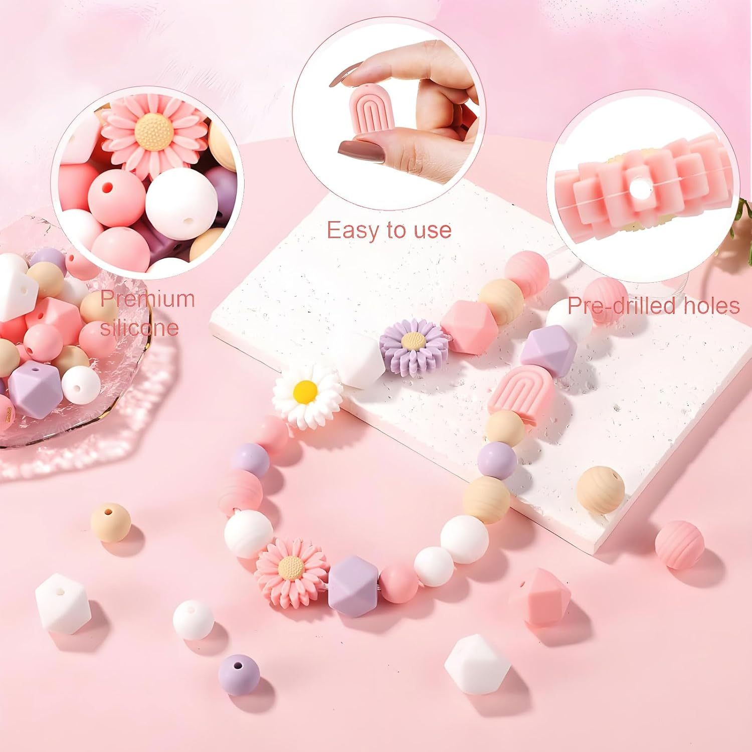 MYTOAU 100Pcs Daisy Silicone Beads, Boho round Daisy Flower Shape Silicone Craft Beads with Nylon Rope for DIY Crafts Jewelry Necklaces Bracelets Keychain Making image number 4