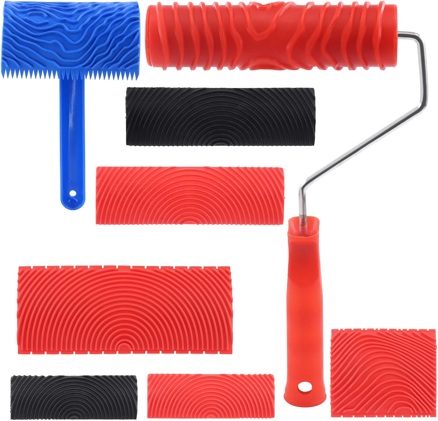 Tanstic 8Pcs Wood Graining Painting Tool Set, Red Black Blue Rubber Wood Grain Tool and Rubber Empaistic Wood Texture Pattern Roller with Handle for Wall Floor Furniture DIY Room Decoration image number 1
