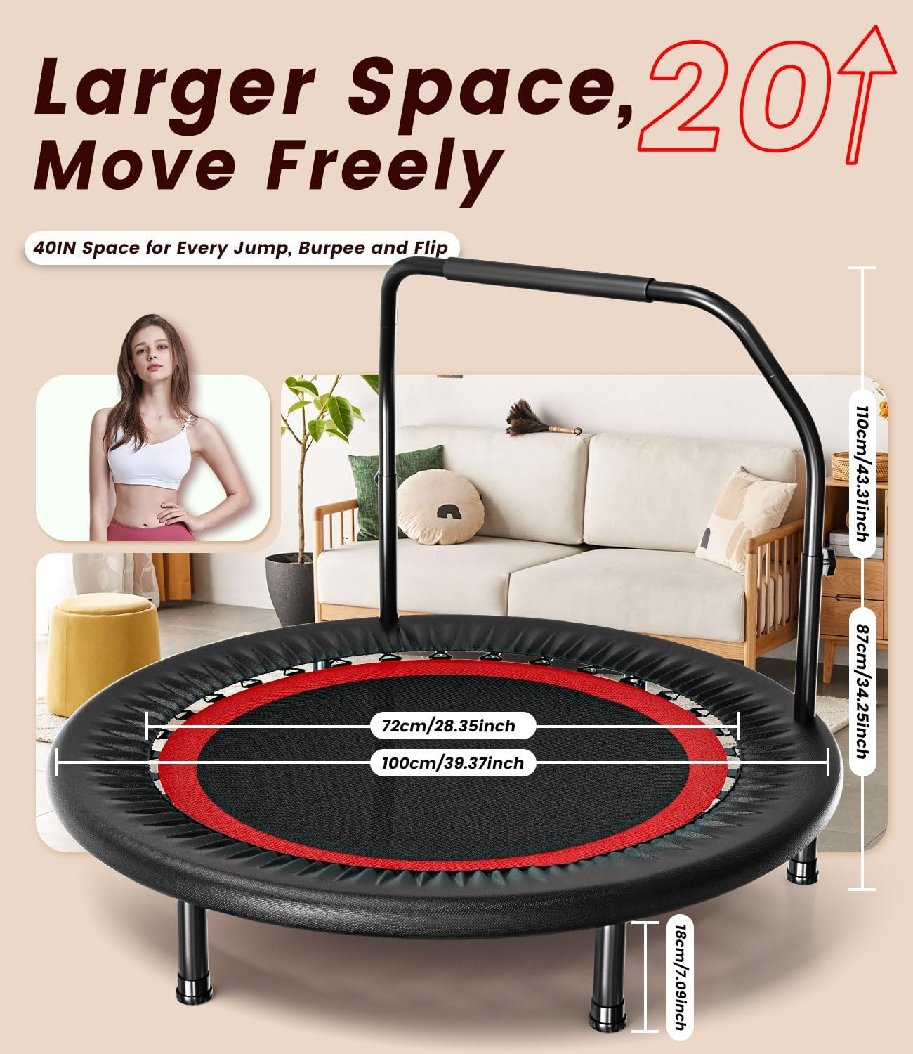 Mini Trampoline for Kids Adults - 48" Foldable Fitness Rebounder Mini Trampolines