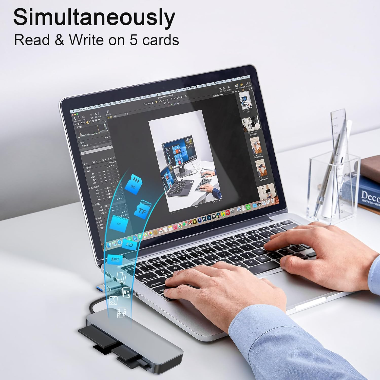 USB C USB3.0 SD Card Reader, 7 in 2 Memory Card Reader Dual Connector Adapter Multiport Hub 5Gbps for 5 Ports Simutaneously, SD TF Micro SD CF XD MS Cards Supports SDXC SDHC MMC MS Pro-Duo Multi Card image number 6