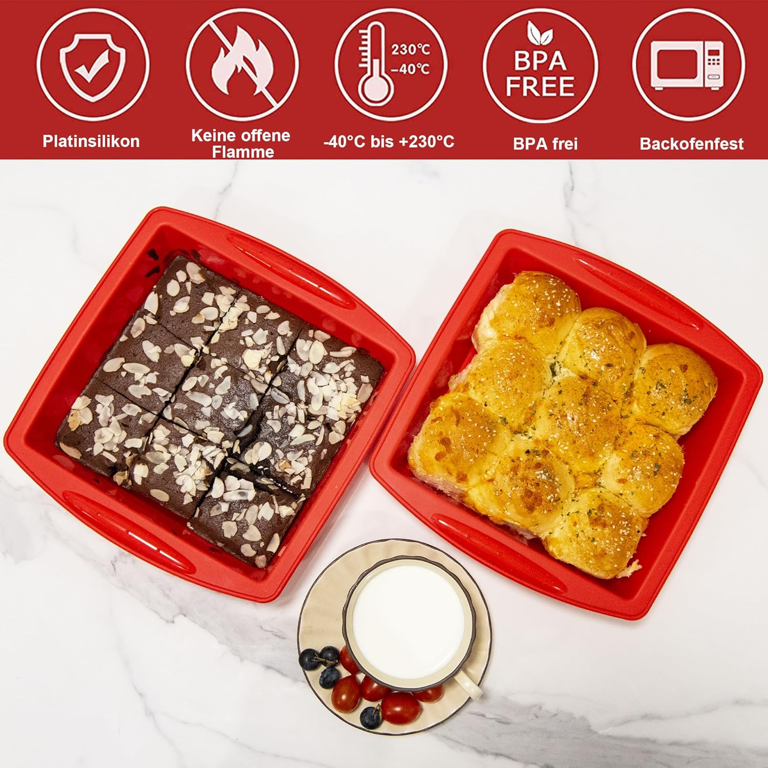 Mlying Silicone Brownie Baking Mould 20 X 20 Cm, Pack of 2 Brownie Moulds Square with Handles, Non-Stick Baking Moulds, Silicone Moulds for Baking Brownies (Square, 2 Pieces, 20 Cm) image number 2