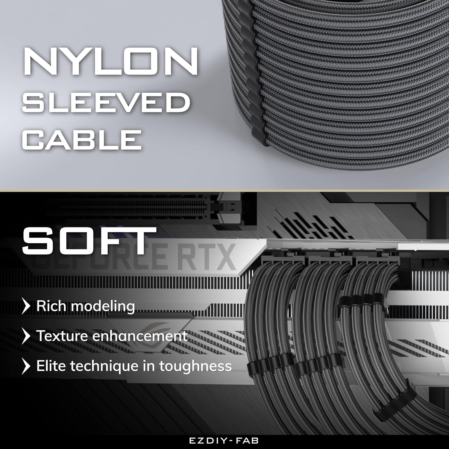 EZDIY-FAB PSU Cable Extension Sleeved Custom Mod GPU PC Power Supply Soft Nylon Braided with Comb Kit 24Pin/3X 8PIN to 6+2Pin/ 2X 8PIN to 4+4Pin-300Mm/11.8In -Carbon image number 2