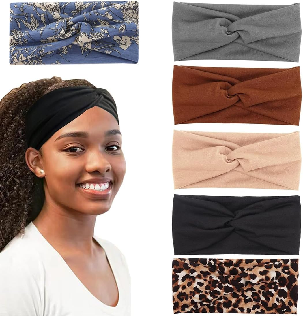 Pack of 6 Headbands for Women Non-Slip Short Hair Yoga Workout Running Sports Elastic Hair Bands for Women Hair Straw Turban Hair Wrap for Girls Leopard Print image number 1