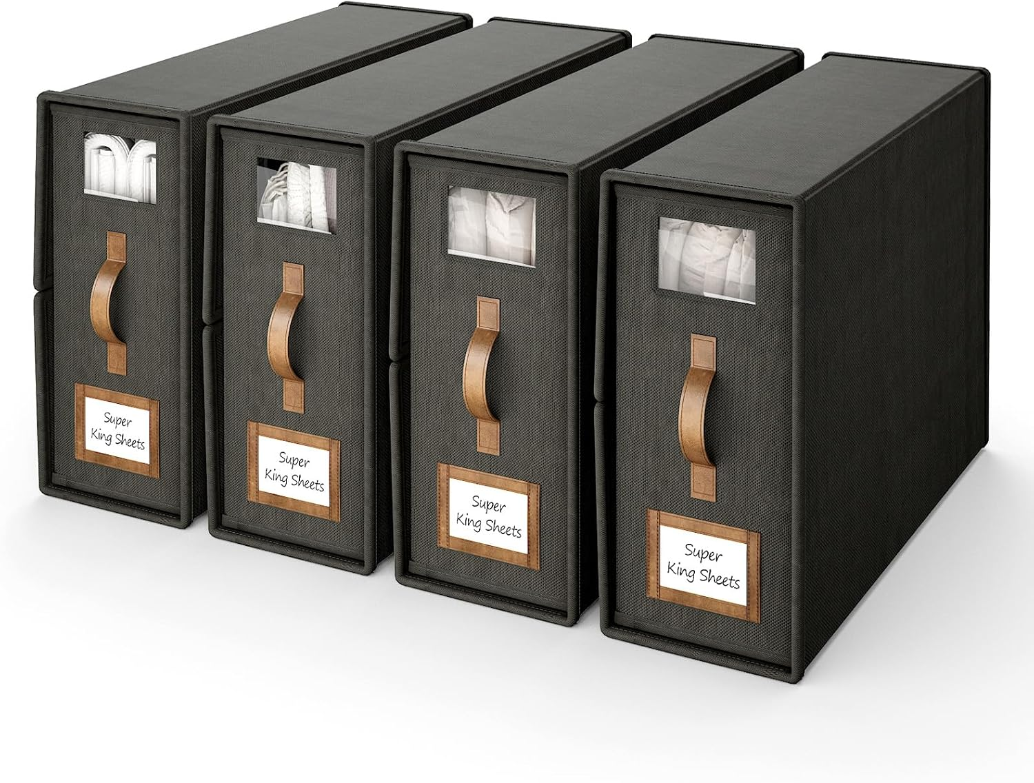 Bigponpon 4 Pack Bed Sheet Organizers and Storage,Foldable Sheet Organizer for Linen Closet(Super King Size),Linen Bedding Storage Box with Leather Handle for Bedsheets,Flannel Blankets,Thin Quilts