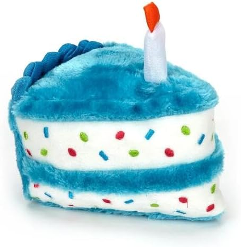 Dog Plush Toy, Dog Birthday Girl Boy Gifts, Tuffy Dog Squeaky Toys, Funny Stuffed Animals Toys with Cotton Material, Durable Chewing Toys (Birthday Cake Slice, Blue)
