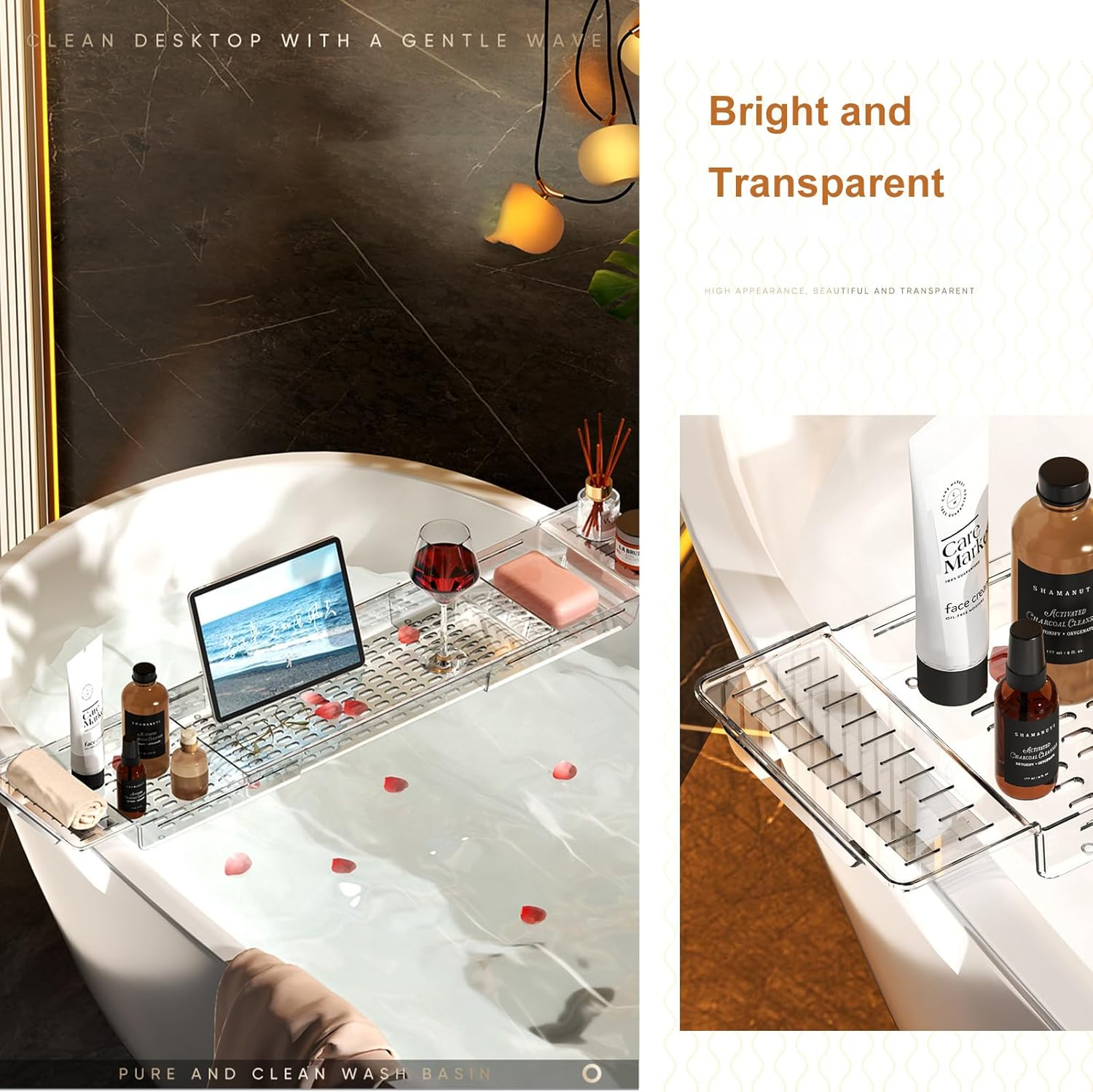 Bath Tray for Bathtub, Acrylic Caddy Table with Extending Sides, Adjustable Bathroom Free Soap Holder, over Tub Racks (Transparency)