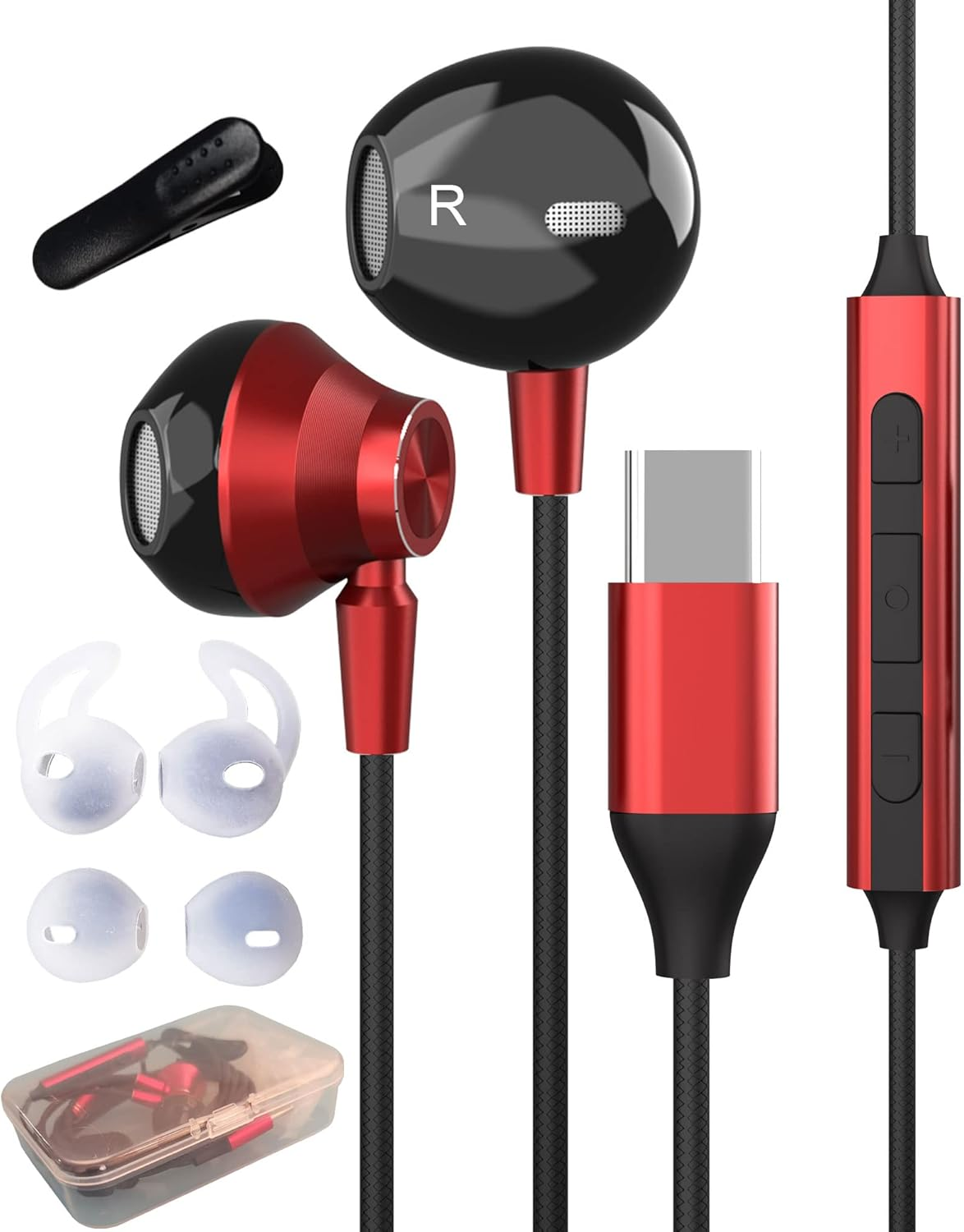 Hoyromany C100 USB C Headphones, Magnetic In-Ear Type C Headphones with Cable and Microphone for Samsung Galaxy S22 Ultra S21 S20 FE A53, Huawei P40 P30 Pro, Xiaomi, Sony, Pixel, Oneplus (Red) image number 2