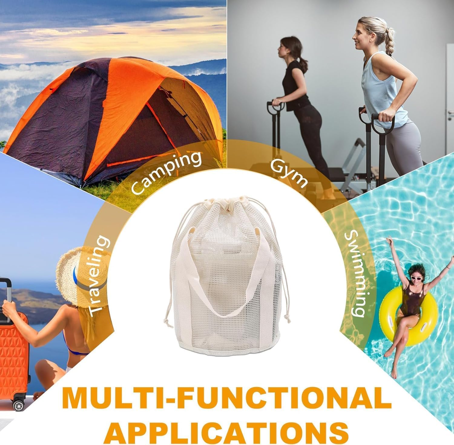 Portable Mesh Shower Caddy for Dorm Room Essentials, Hanging Bathroom Shower Tote Bag with Drawstring Side Pockets, Quick Dry Mesh Toiletry Bath Bag for Swimming Gym Beach Travel image number 6