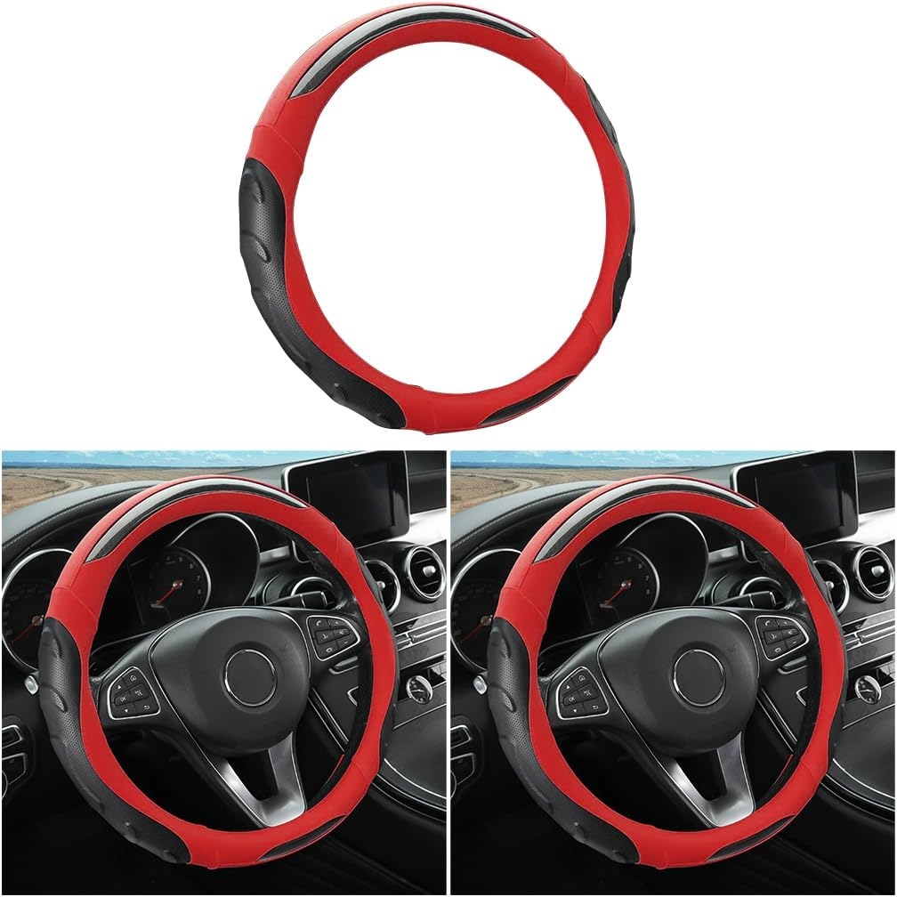 Leather Steering Wheel Cover, Auto Car Stretch Steering Wheel Protector, Universal 15 Inch Anti-Slip Breathable Odorless Steering Wheel Cover for Men Women (Black/Blue)