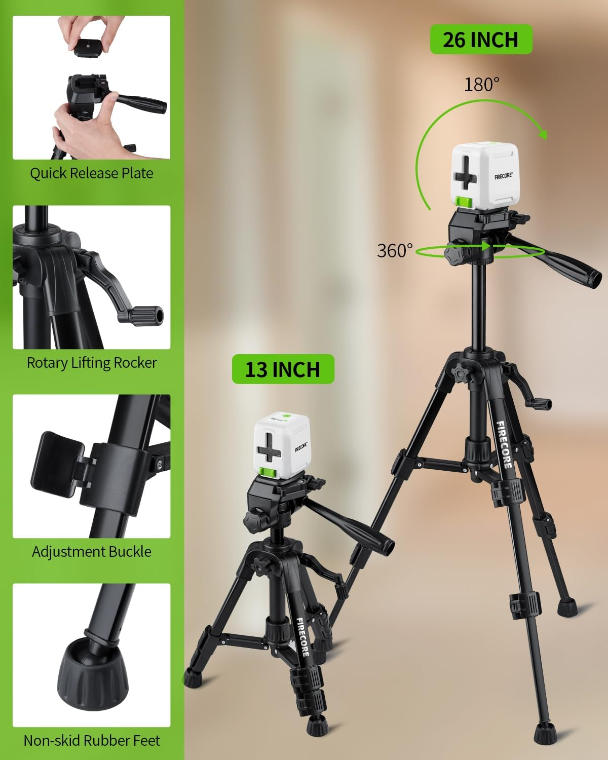 Firecore Laser Level with Tripod, Self Leveling Laser Level Green Cross Line Laser Leveler Tool for Picture Hanging Wall Tile Home Renovation Indoor Projects, Carry Pouch and Battery Included image number 3