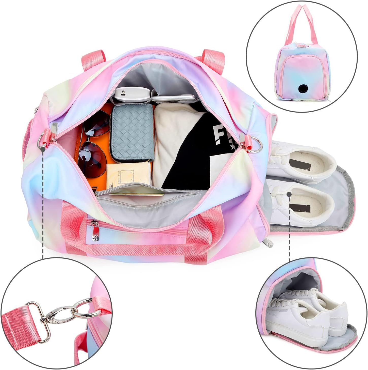 Sport Gym Duffle Travel Bag for Men Women Duffel with Shoe Compartment, Wet Pocket, Rainbow Pink-C, 19.7"X9.5"X9.9"