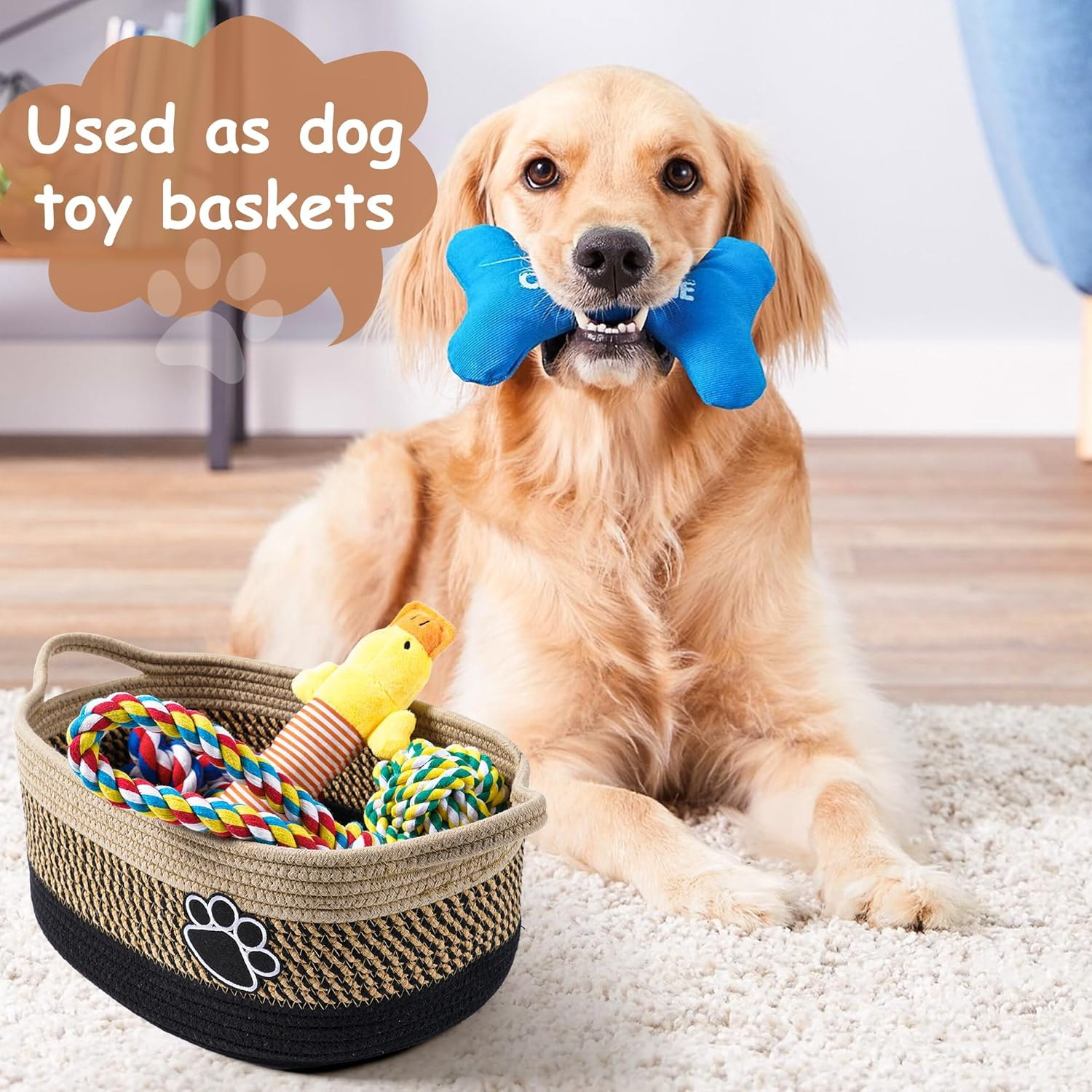 Small Woven Baskets for Organizing Rope Storage Basket with Handle Cute Cotton Nursery Gift Dog Toy Bins Organizer-Light Beige - Blackbeige image number 3