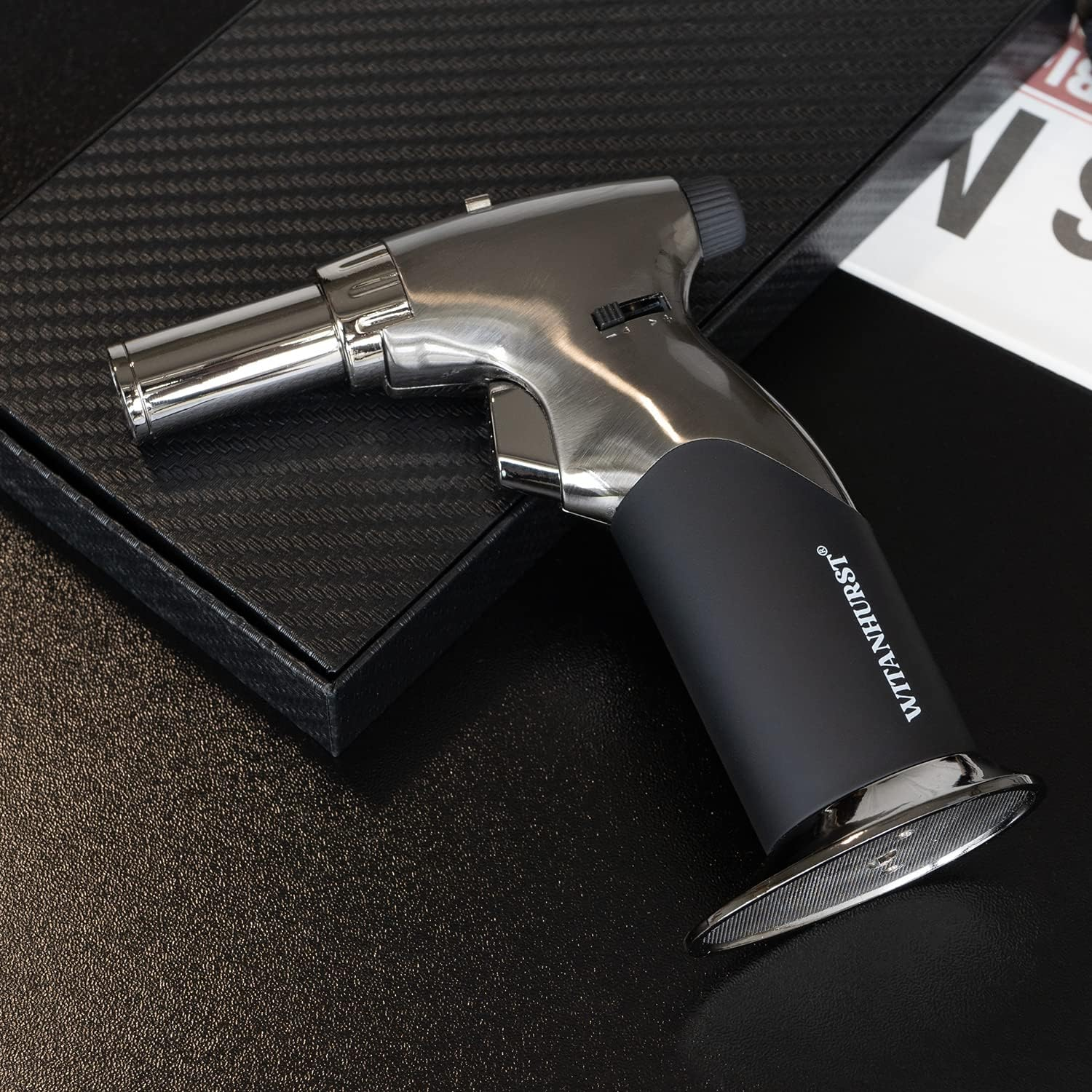 Dual Flame Butane Torch Gun - Refillable Luxury Hand Held Mini Blow Torch for Cooking, Creme Brulee, Soldering, Welding, & Resin Art - Adjustable Flame with Ignition Lock - Steel Black image number 3