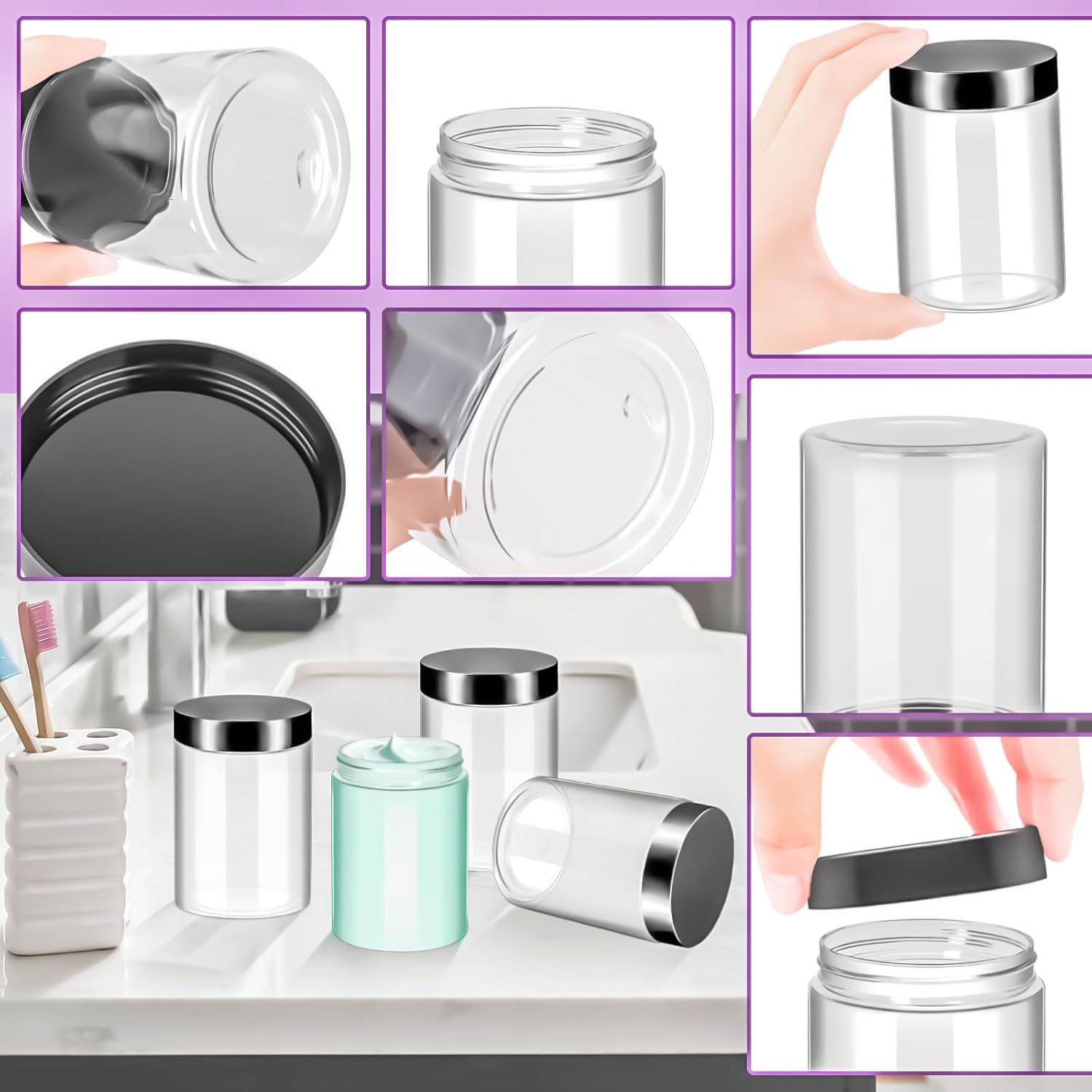 Motbach 6 Pack 12Oz Plastic Jars with Lids, 360Ml round Clear Cosmetic Containers Makeup Jars, Travel Size Container Jar for Makeup Cream Lotion Salve Ointment Sample Travel Storage Beauty Products