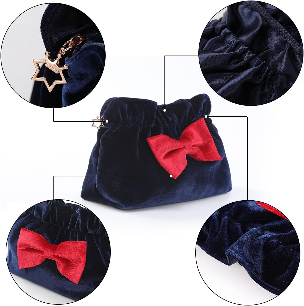 Lazy Drawstring Make up Bag Portable Travel Cosmetic Bag Makeup Pouch Storage Organiser Toiletry Bag for Women Girls Vanfn P.Travel Series (Bow-Blue Red) image number 6