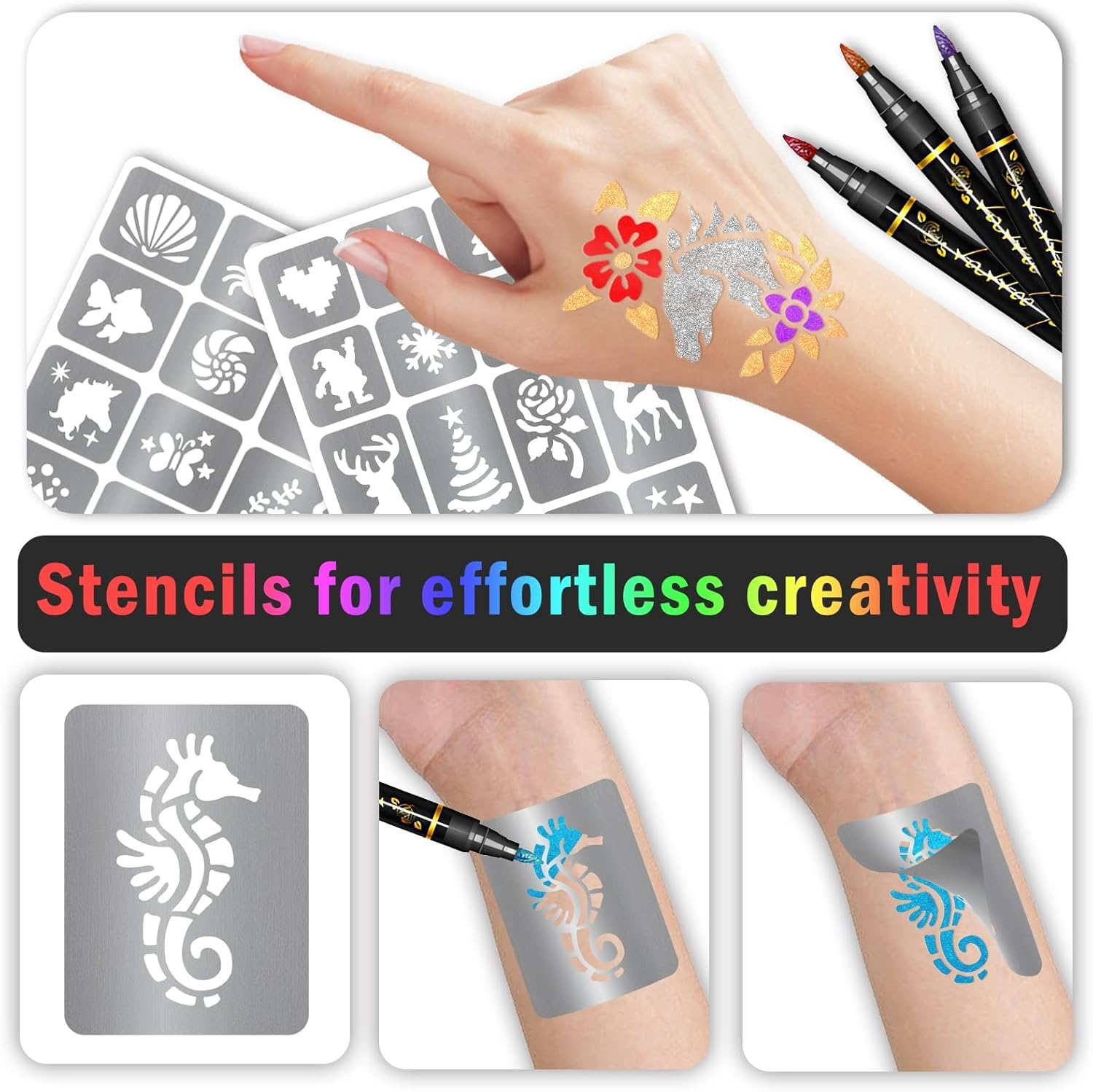 Temporary Tattoo Markers for Kids and Adults, 10 Metallic Markers and 155 Tattoo Stencil Designs, Cosmetic Tattoos Pens for Party Favor Gift and Face Painting image number 4