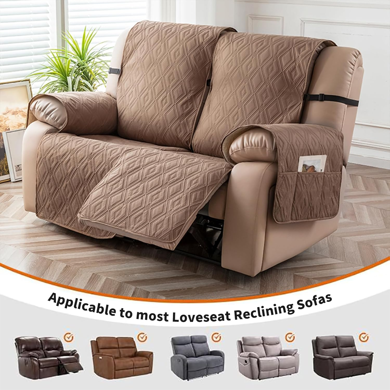 Genina Waterproof Loveseat Recliner Cover Non-Slip, Sofa Cover for Reclining Couch 2 Seat, Washable Couch Cover Loveseat Furniture Protector Cover for Pets Dogs Kids (Camel, Recliner Loveseat) image number 5