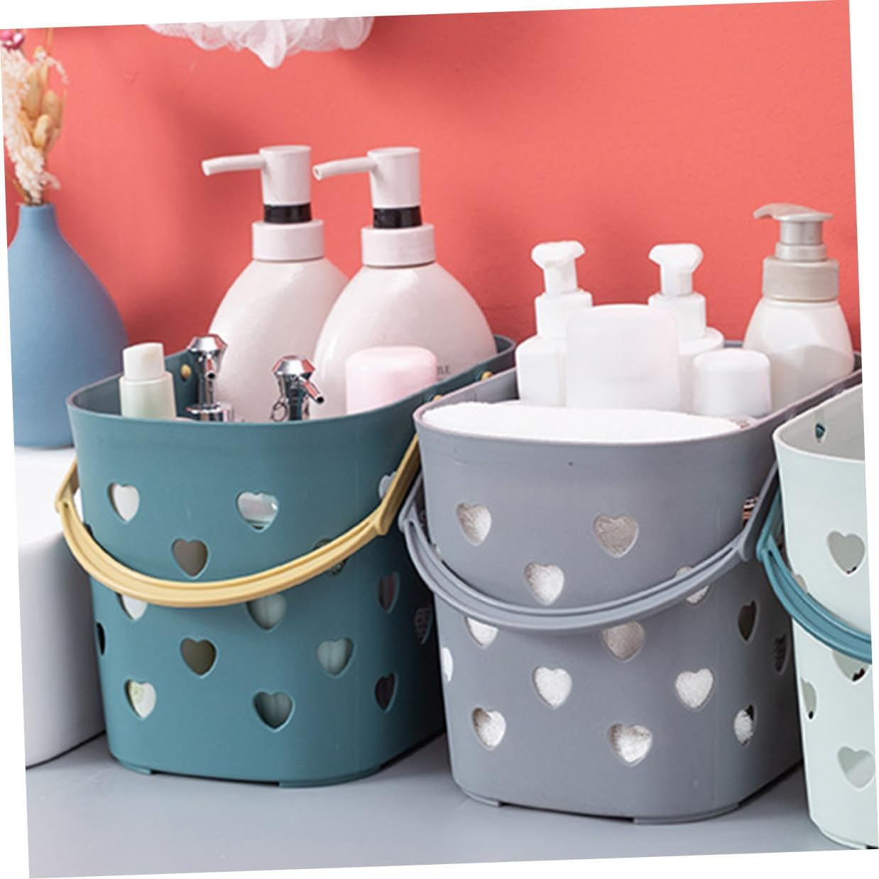 FOYTOKI Portable Hollowed Plastic Shower Basket with Handle for Bathroom Storage Organizer Efficient Drain Design for Towels Soap Makeup and Sundries and Practical Household Storage Holder image number 3