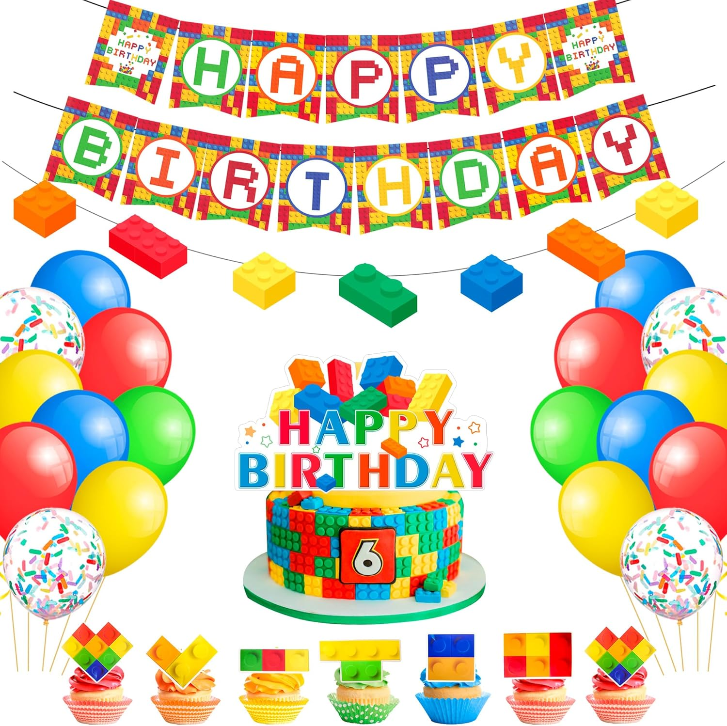 Block Party Decorations,53 Pcs Building Blocks Birthday Decorations Set - Building Block Birthday Balloons,Building Block Banner Cake Topper Etc Colorful Building Block Birthday Party Supplies image number 5